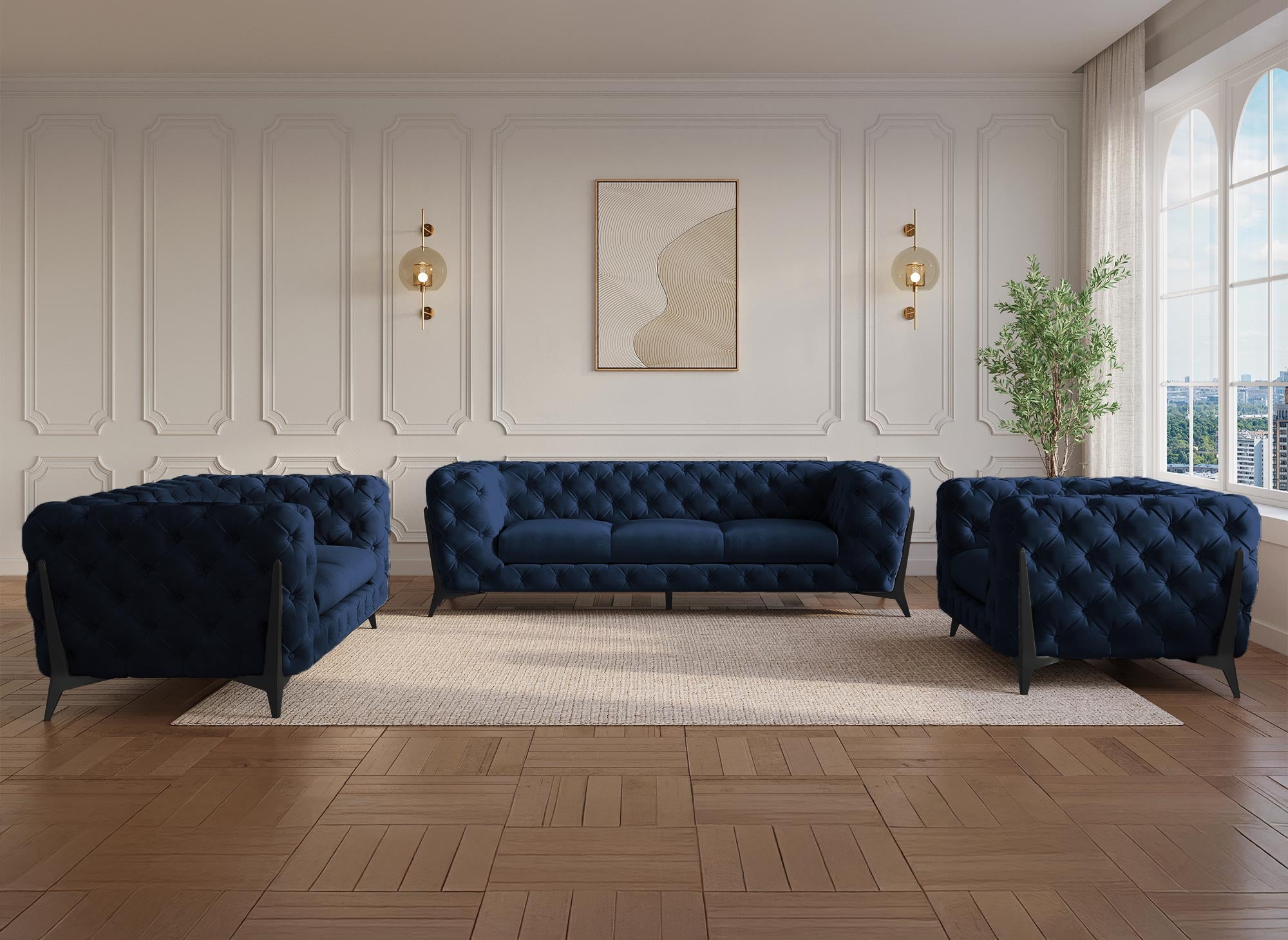 CARMEN 3-Sitzer gepolstertes Chesterfield-Sofa aus blauem Samt