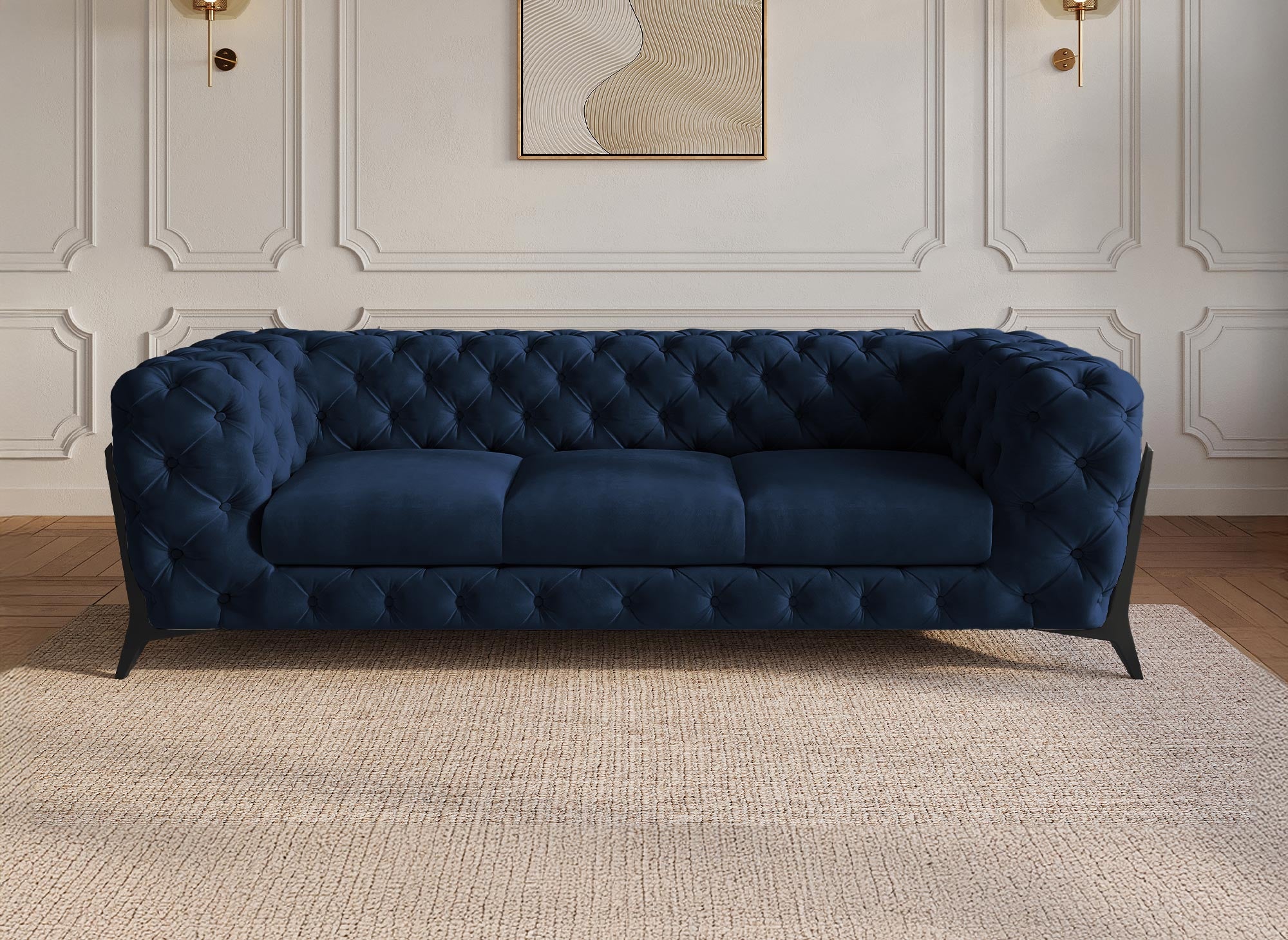 CARMEN 3-Sitzer gepolstertes Chesterfield-Sofa aus blauem Samt