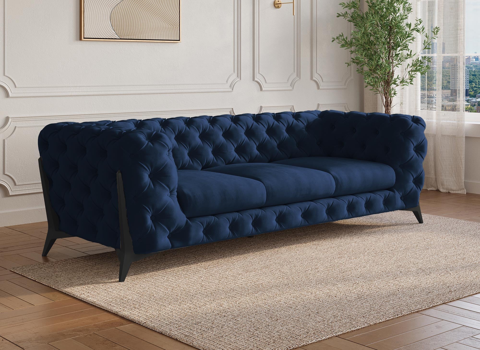 CARMEN 3-Sitzer gepolstertes Chesterfield-Sofa aus blauem Samt