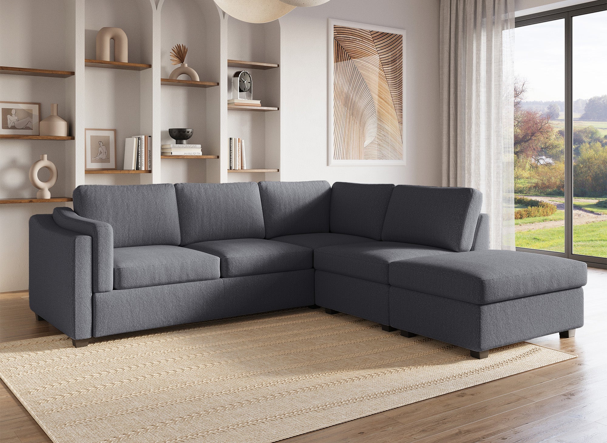 BARNEY, graues Stoffsofa mit Stauraum – rechtwinklig