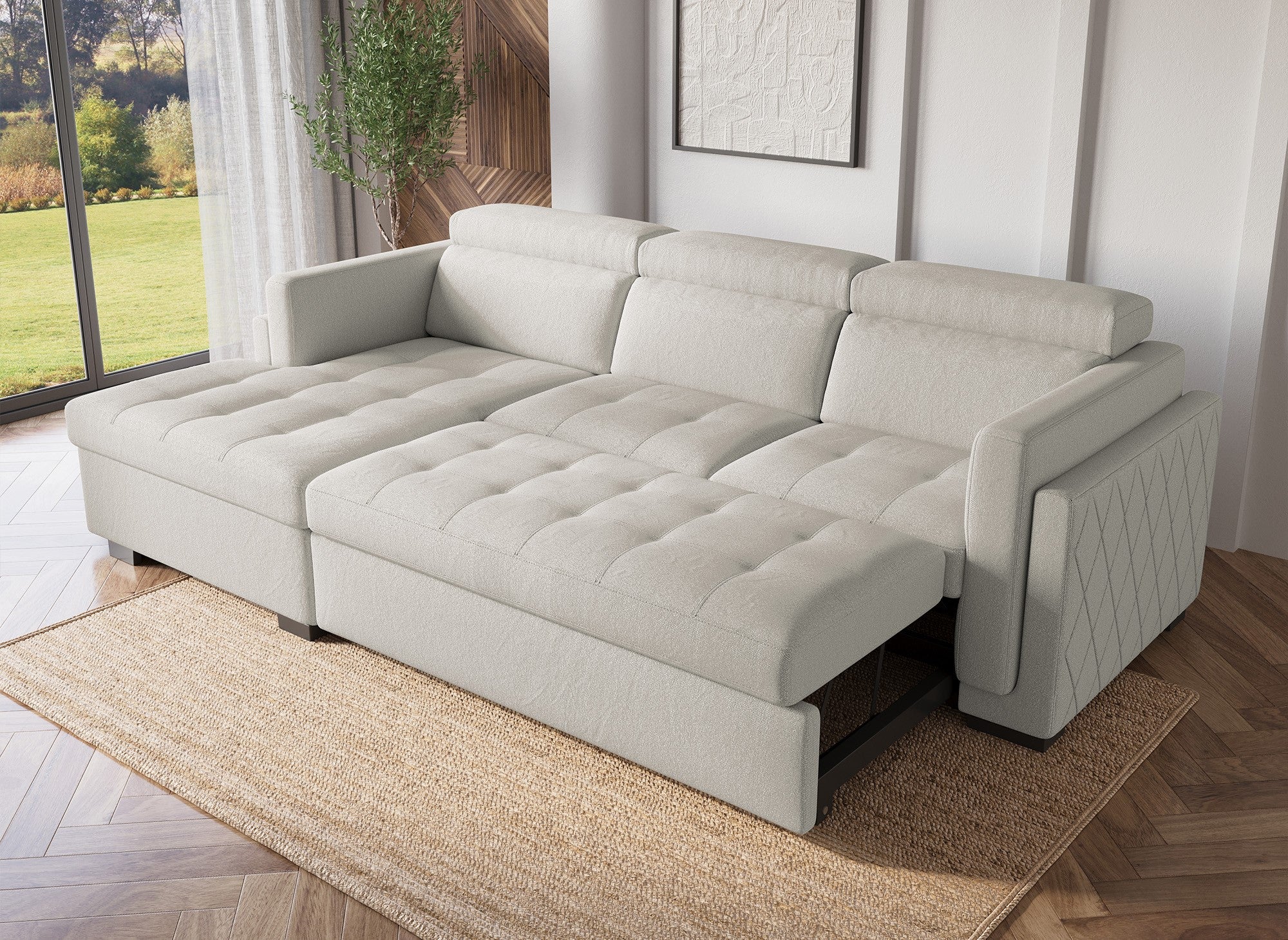CHANDLER Ecksofa aus beigefarbenem Stoff – Linke Ecke