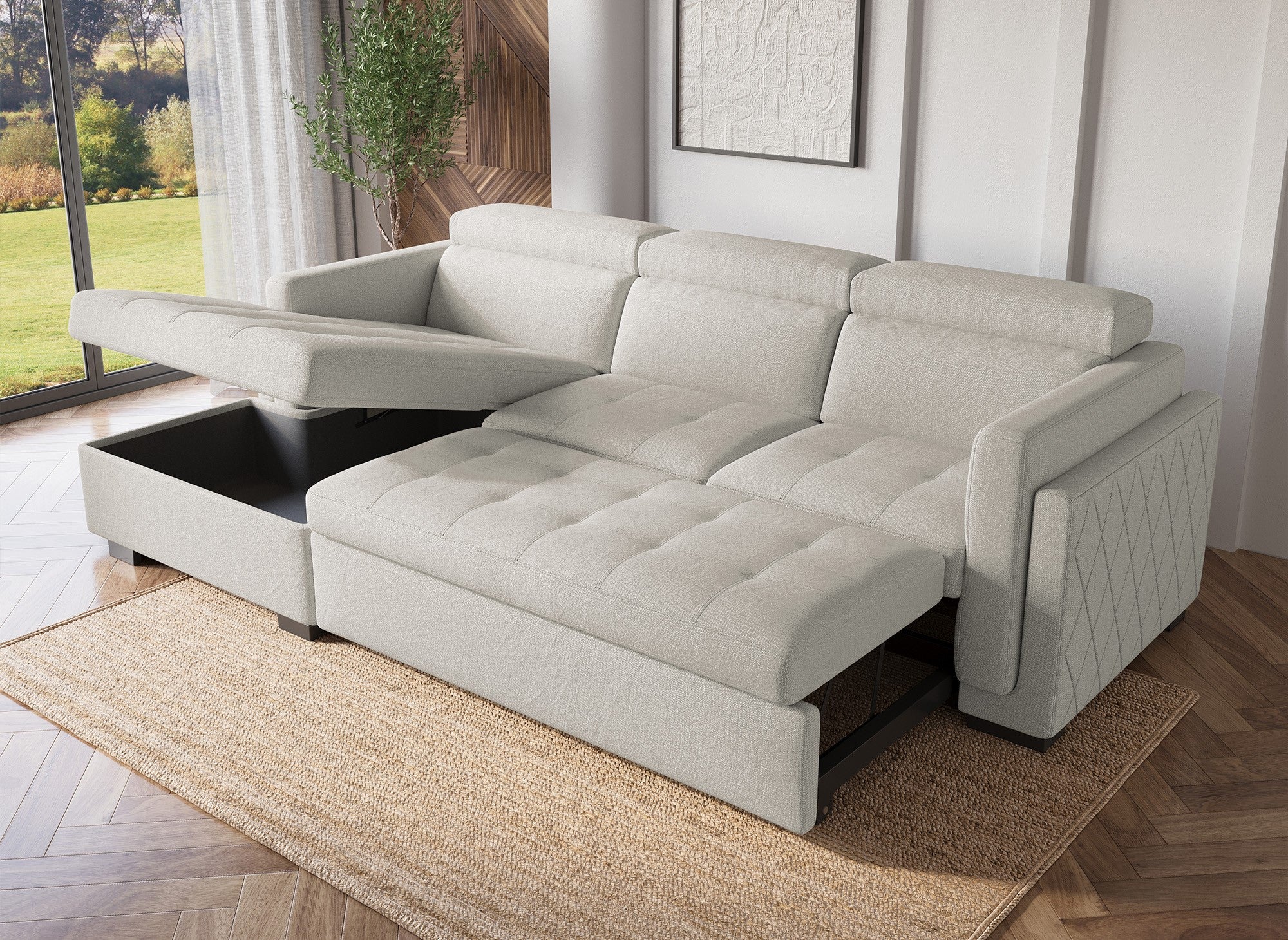 CHANDLER Ecksofa aus beigefarbenem Stoff – Linke Ecke