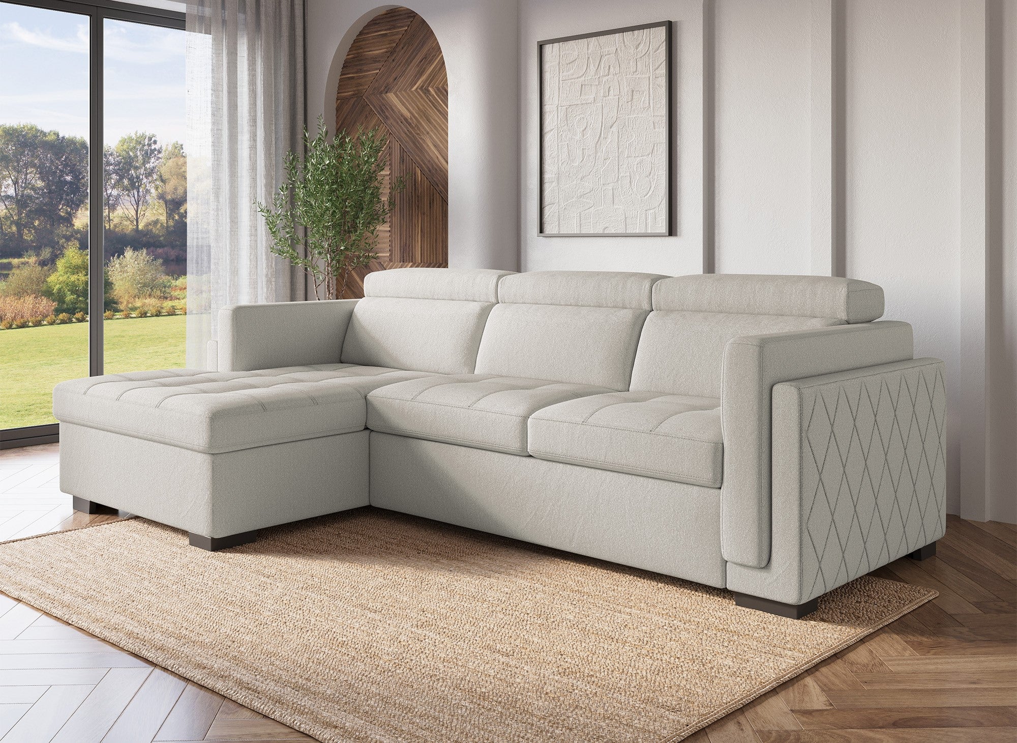 CHANDLER Ecksofa aus beigefarbenem Stoff – Linke Ecke