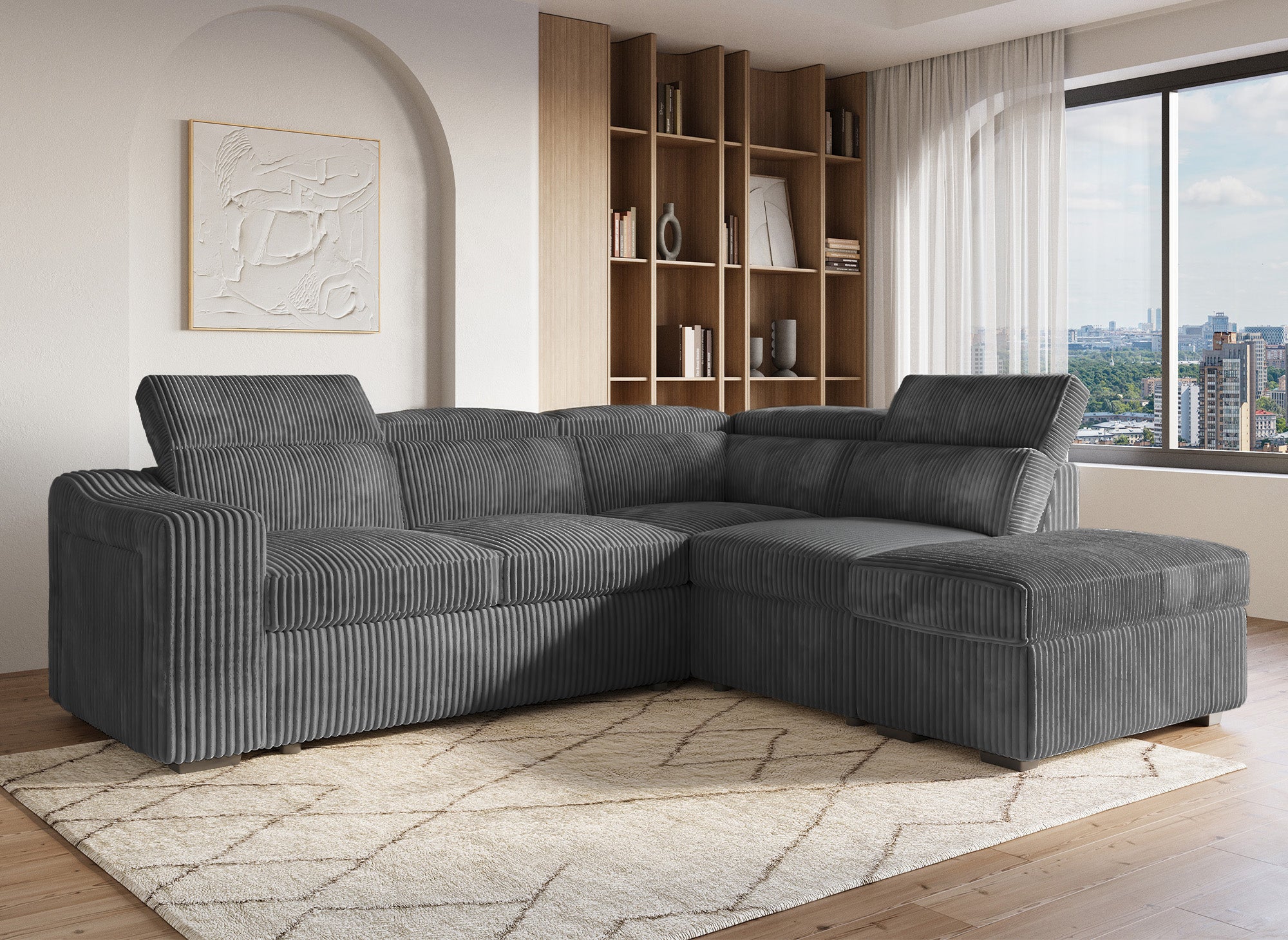MARTY Ecksofa aus grauem Cord mit Stauraum - rechtwinklig