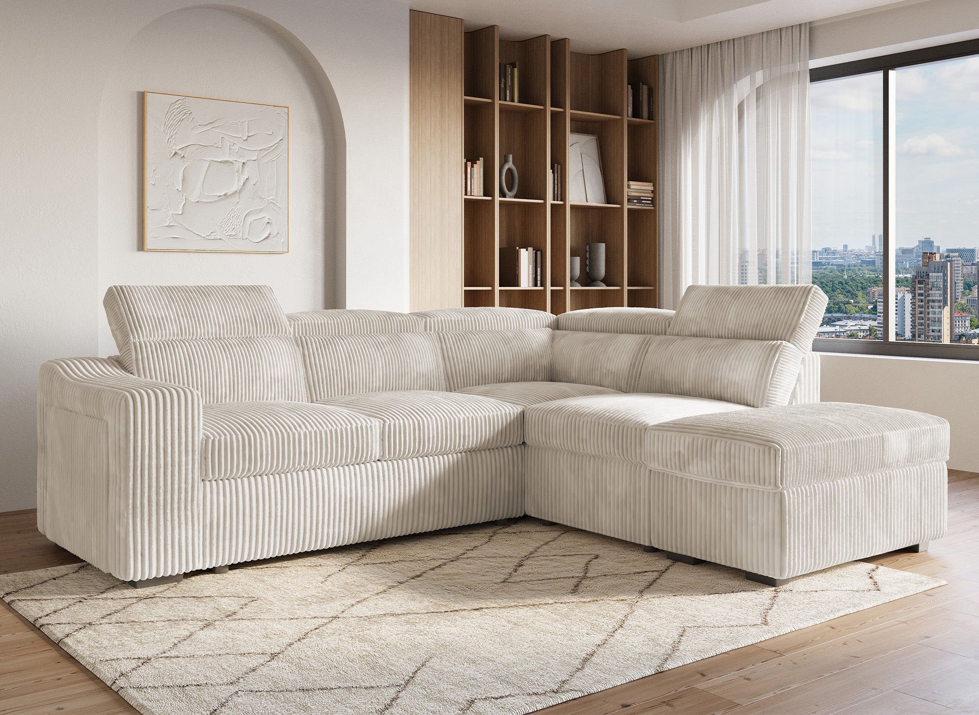 MARTY Ecksofa aus beigefarbenem Cord mit Stauraum - Rechtwinklig