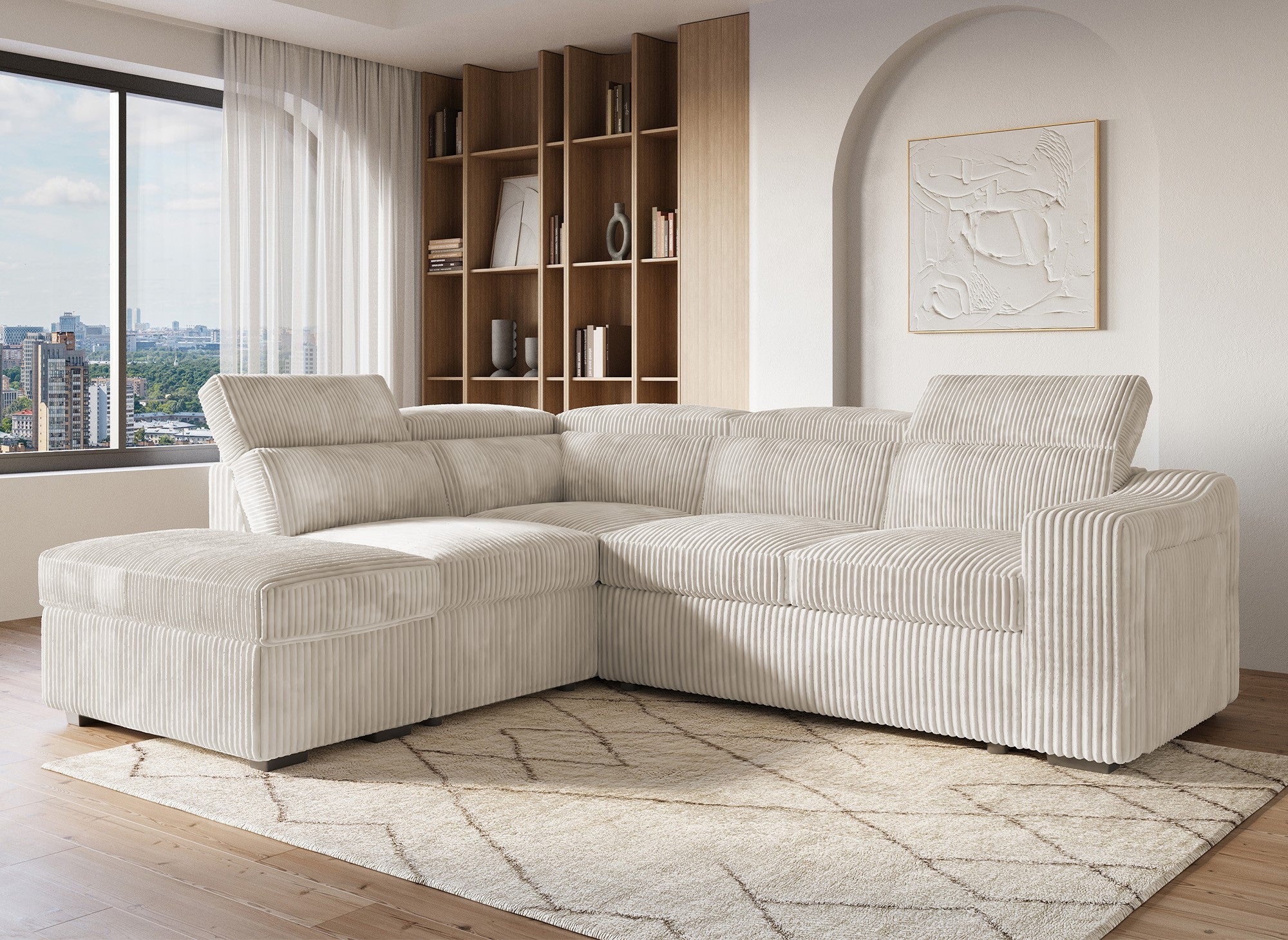 MARTY beiges Cord-Ecksofa mit Stauraum - Linke Ecke