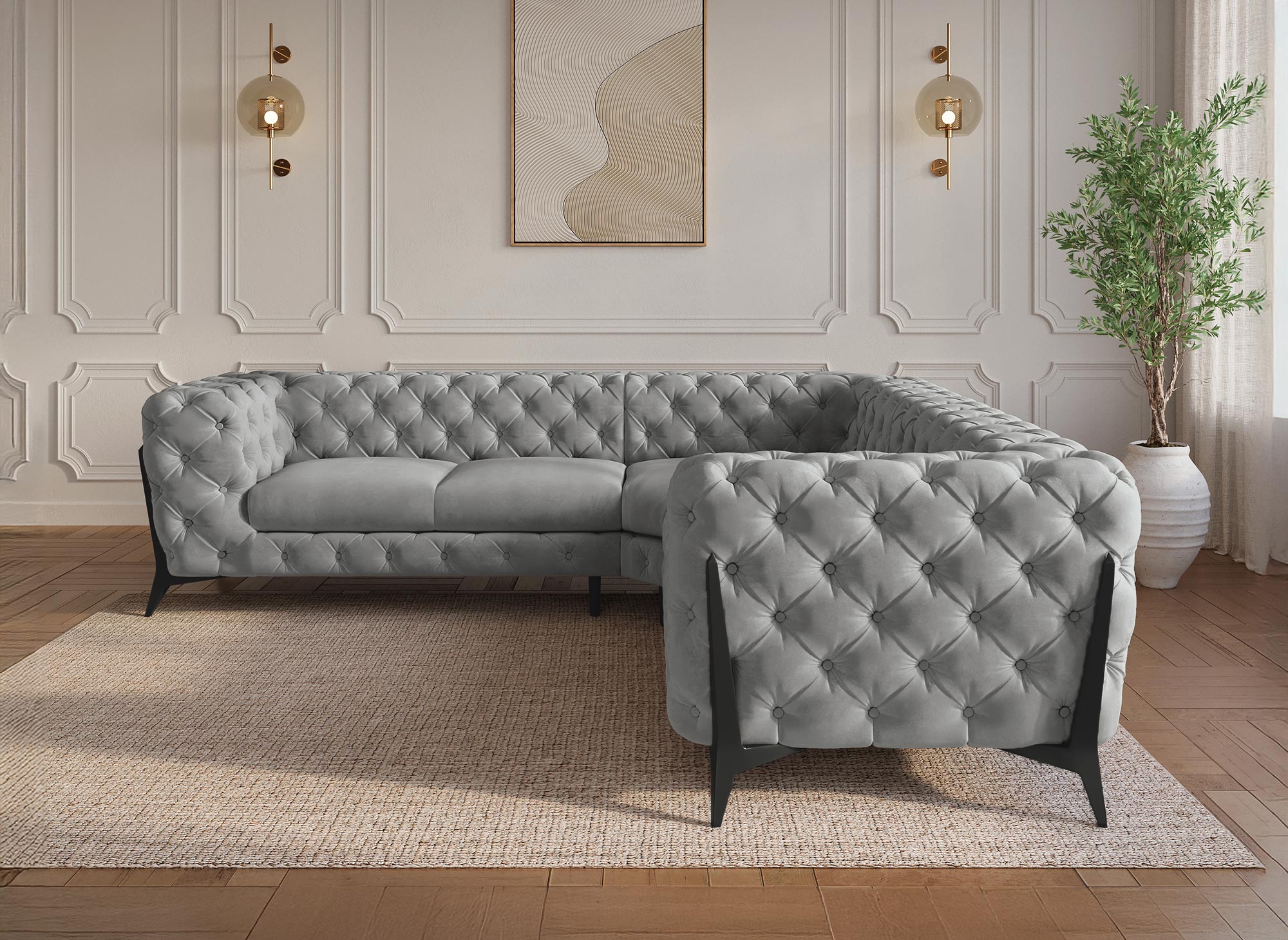 CARMEN Chesterfield-Ecksofa aus grauem Samt mit Polsterknöpfen