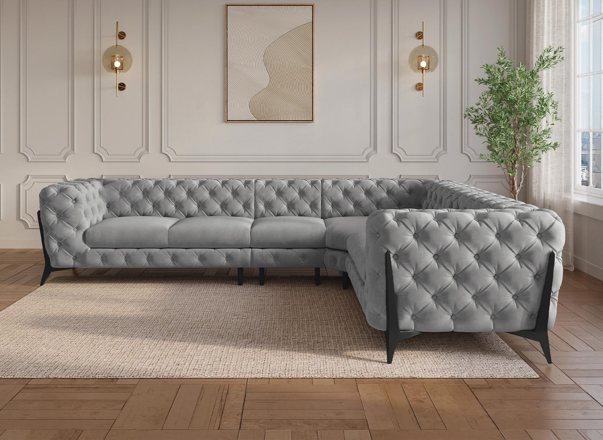 CARMEN, wendbares, getuftetes Chesterfield-Ecksofa aus grauem Samt