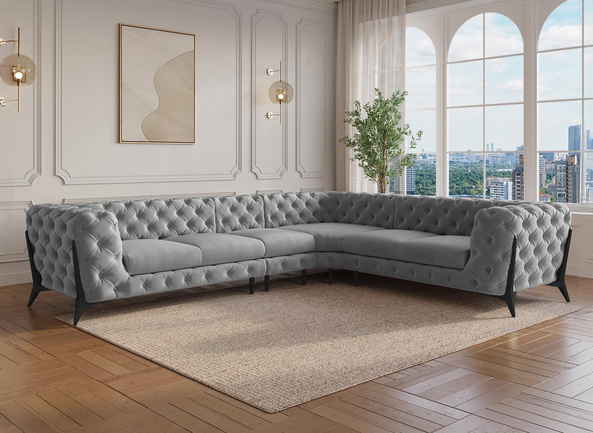 CARMEN, wendbares, getuftetes Chesterfield-Ecksofa aus grauem Samt