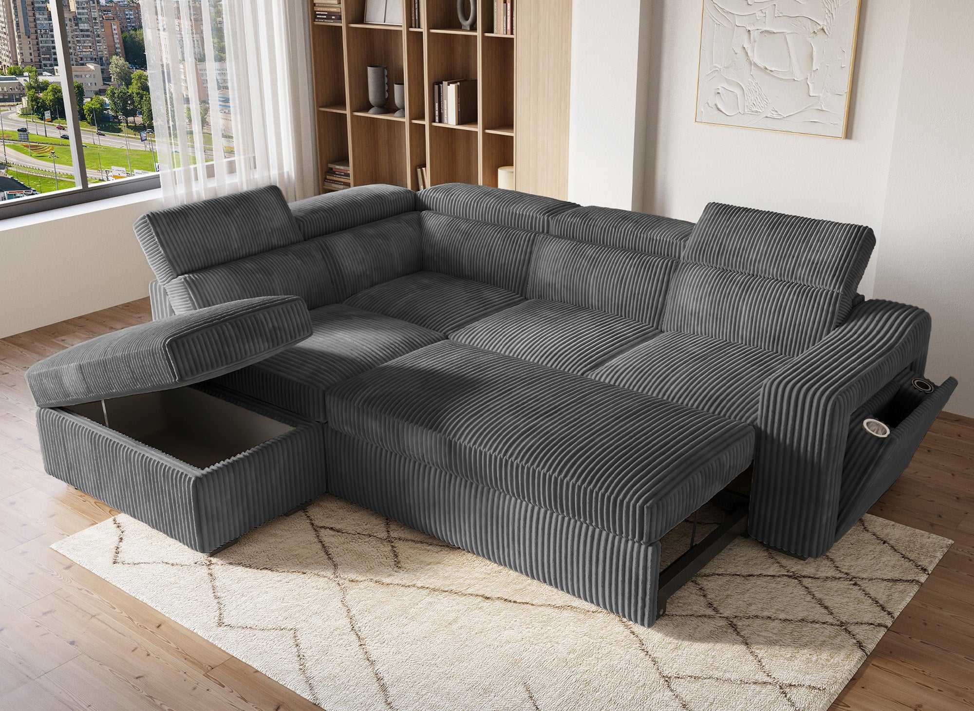 MARTY Ecksofa aus grauem Cord mit Stauraum – Linke Ecke