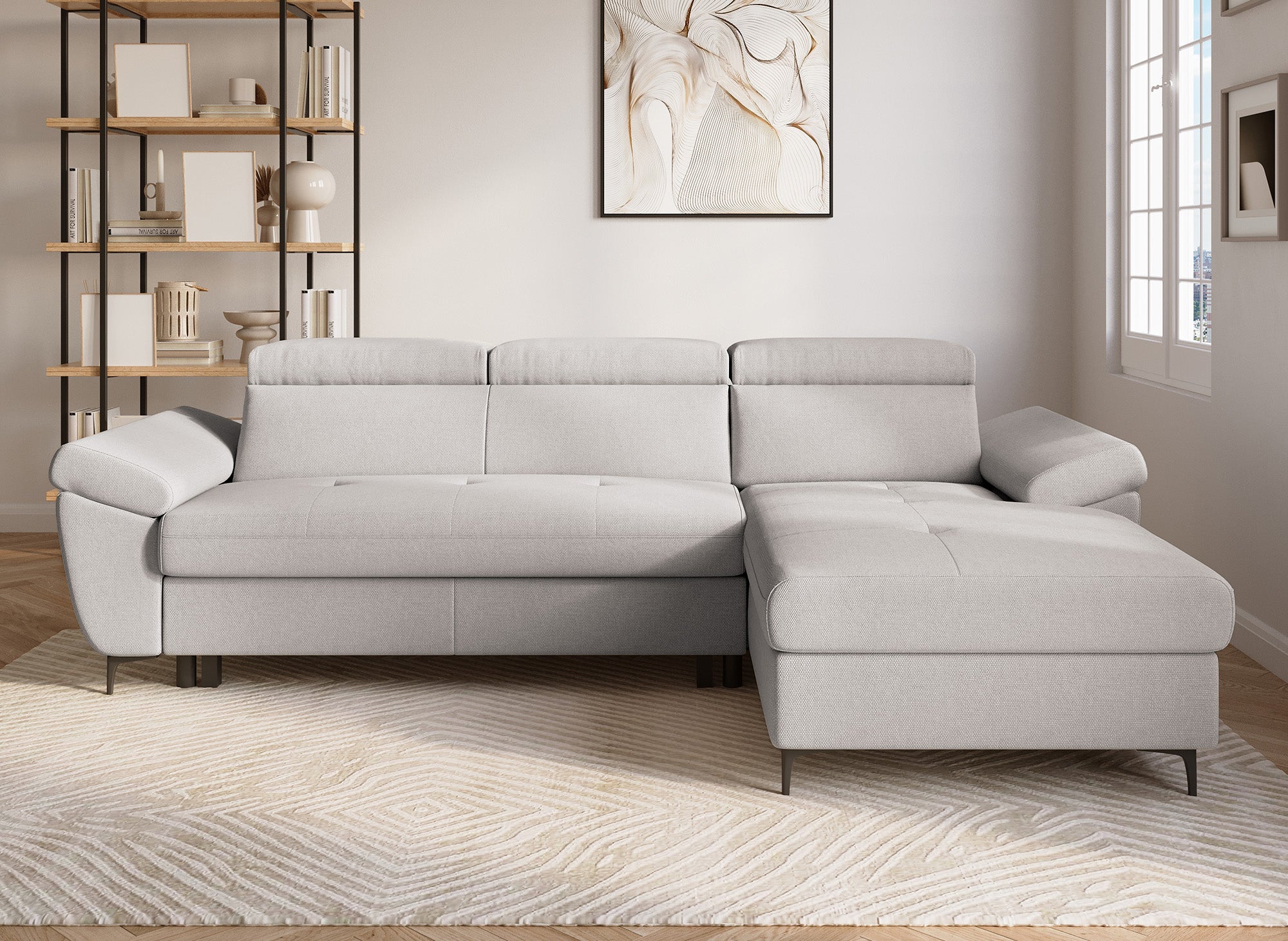 MONICA Ecksofa aus beigefarbenem Stoff – rechtwinklig