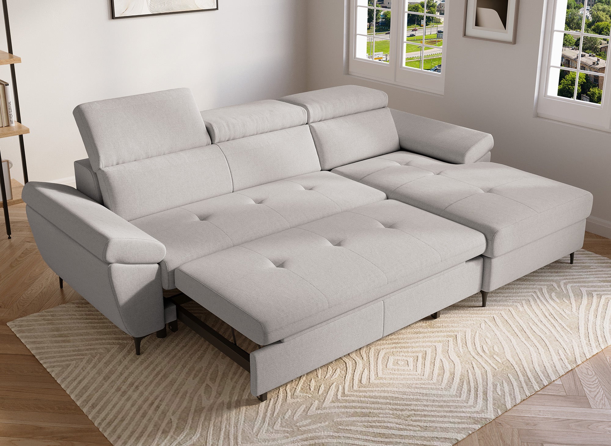 MONICA Ecksofa aus beigefarbenem Stoff – rechtwinklig