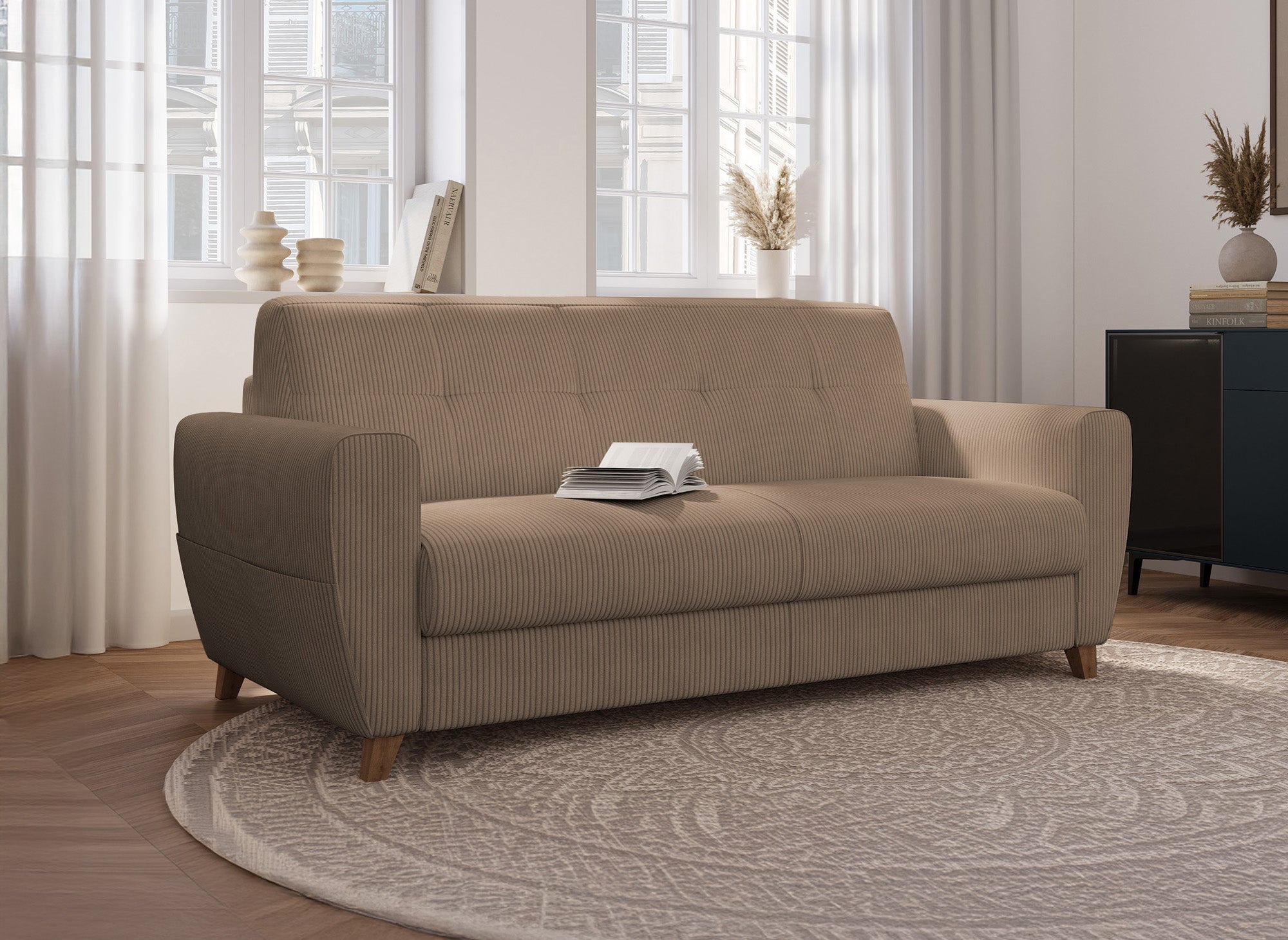 TOBIAS 3-Sitzer-Schlafsofa aus Mokka-Cord mit 18 cm Matratze
