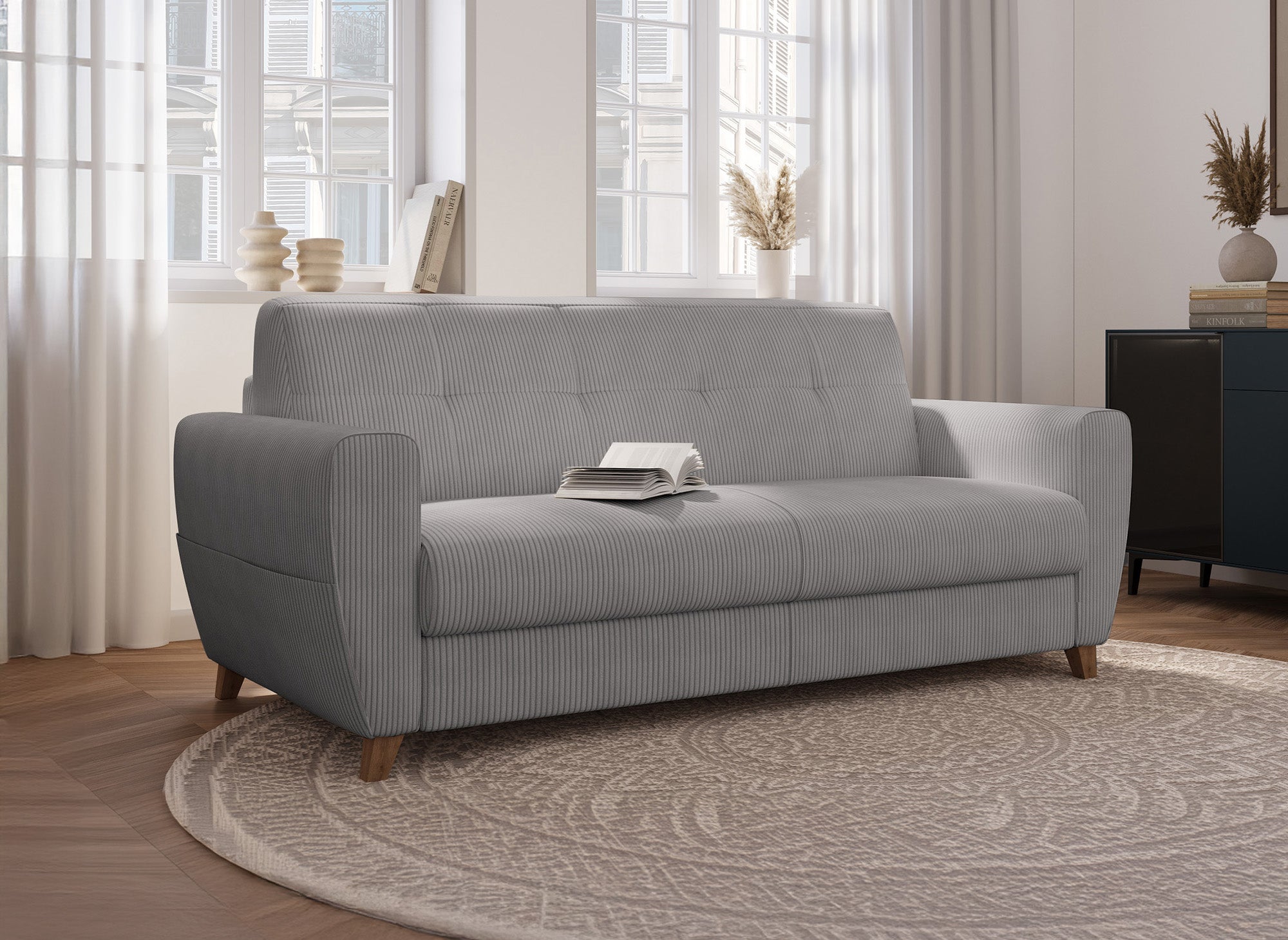 TOBIAS 3-Sitzer-Schlafsofa aus hellgrauem Cord mit 18 cm Matratze