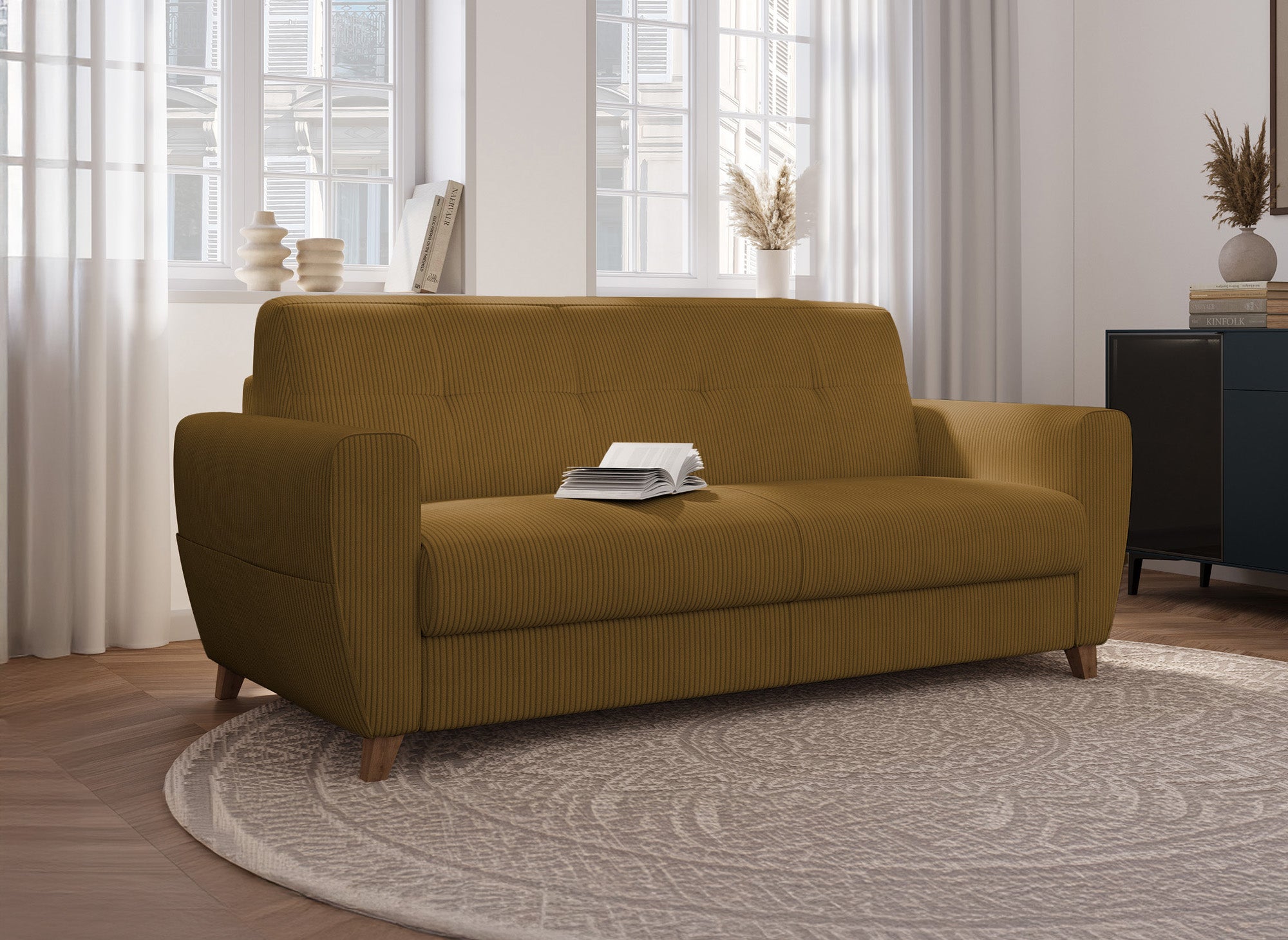 TOBIAS 3-Sitzer-Schlafsofa aus senffarbenem Cord mit 14 cm Matratze