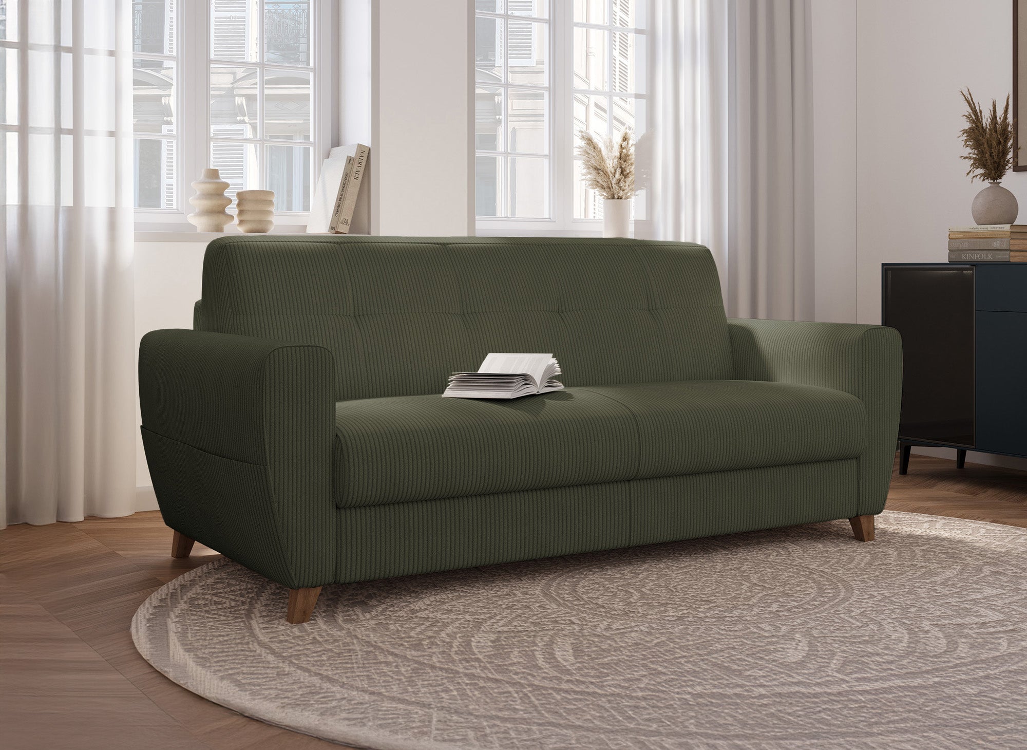 TOBIAS 3-Sitzer-Schlafsofa aus khakigrünem Cord mit 14 cm hoher Matratze