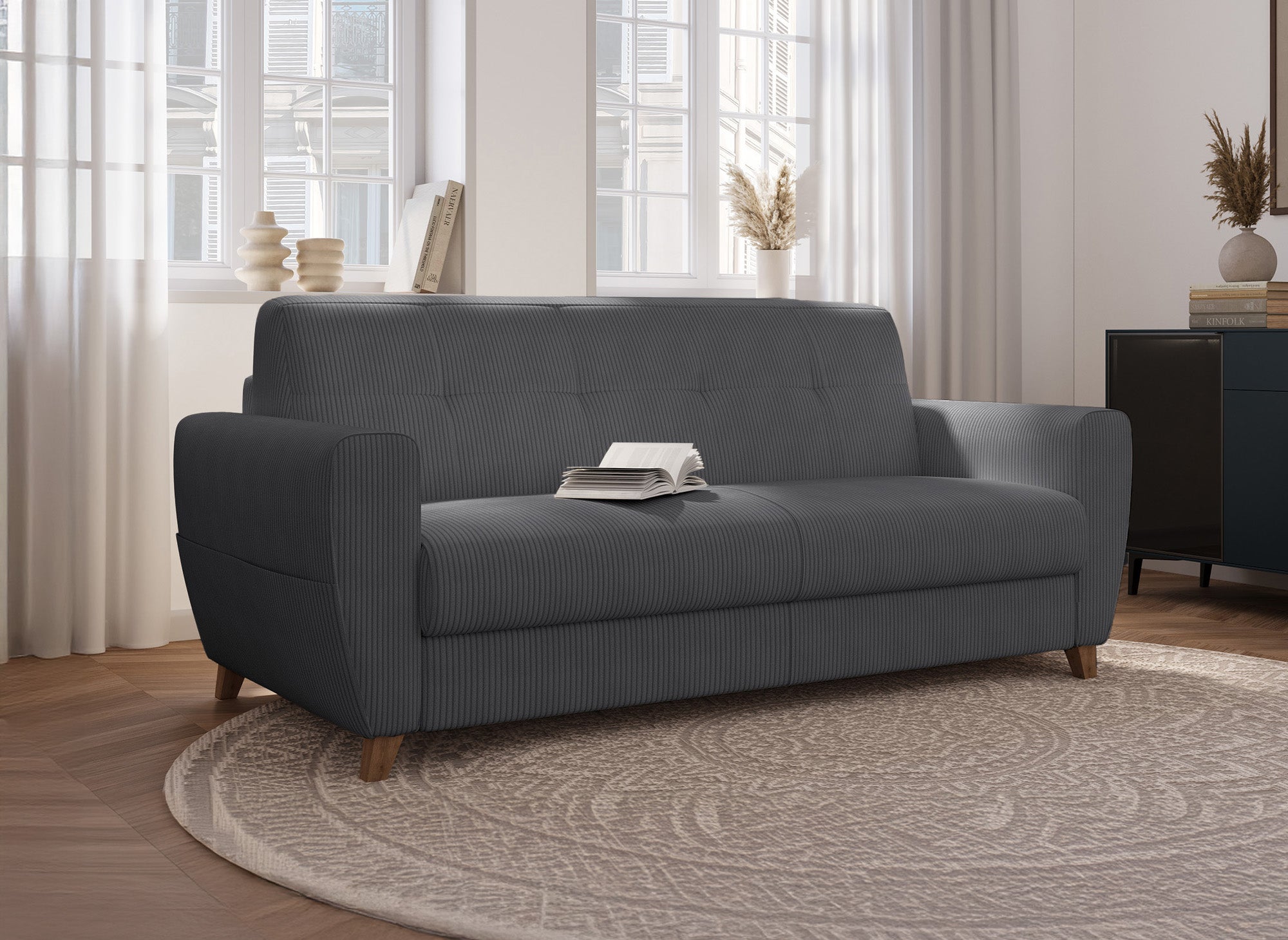 TOBIAS 3-Sitzer-Schlafsofa aus dunkelgrauem Cord mit 14 cm Matratze