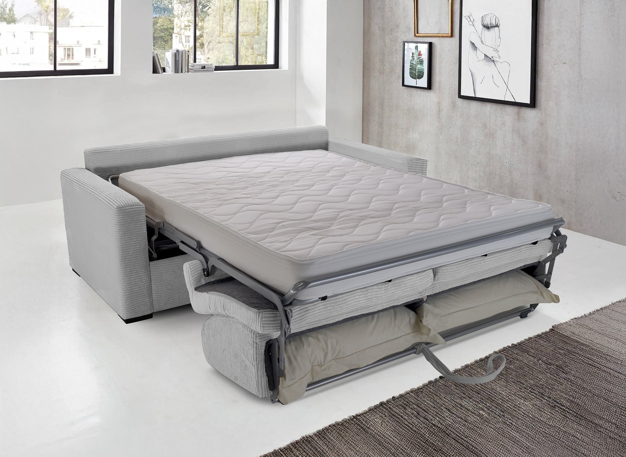 LOUNA 3-Sitzer-Schlafsofa aus hellgrauem Cord mit Expressöffnung