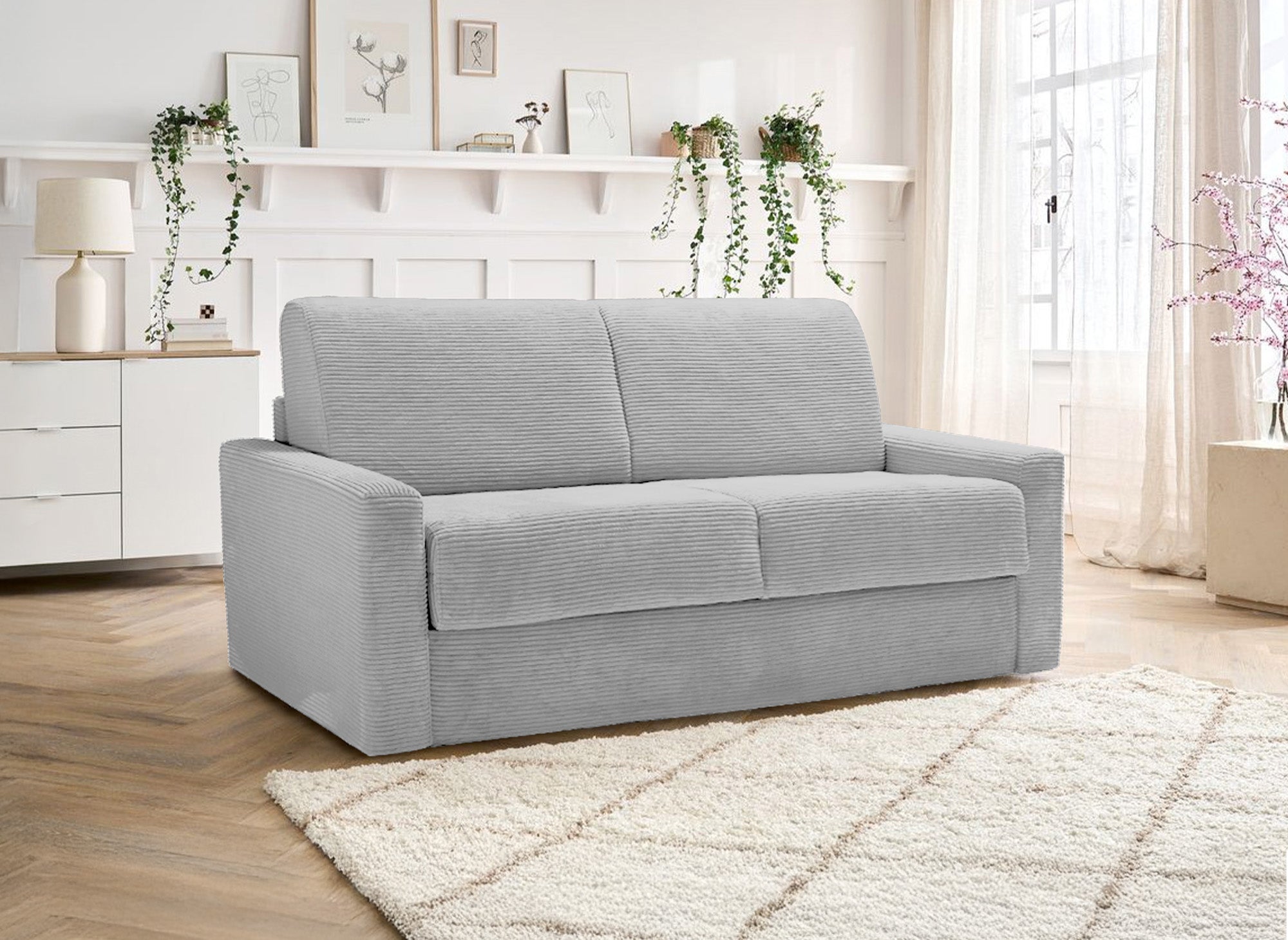 LOUNA 3-Sitzer-Schlafsofa aus hellgrauem Cord mit Expressöffnung