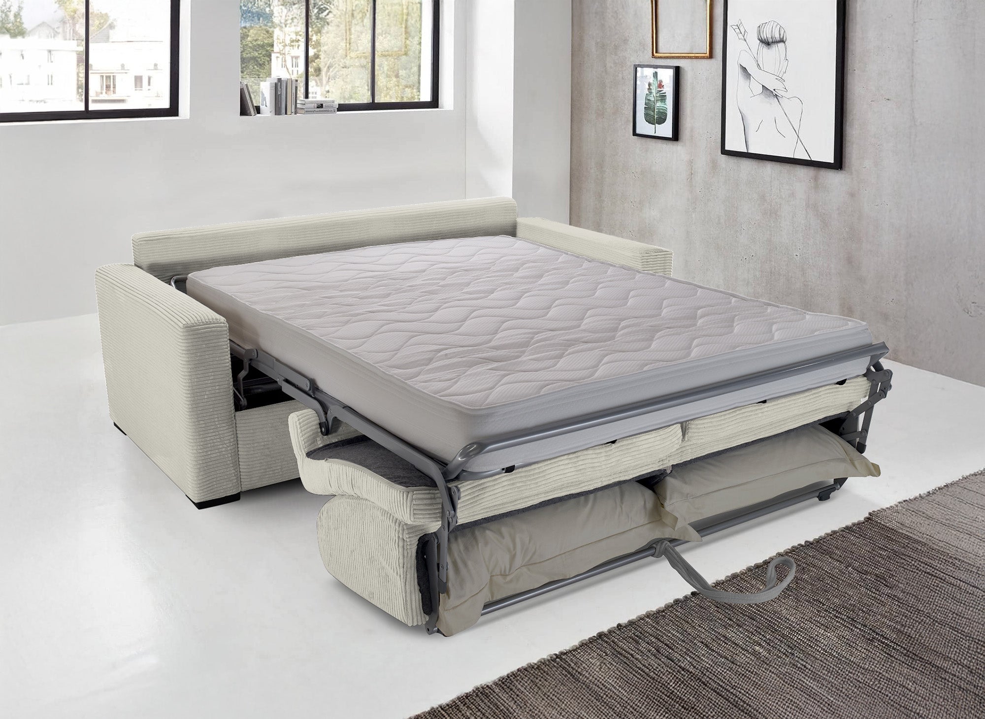 LOUNA 3-Sitzer-Schlafsofa aus beigem Cord mit Expressöffnung