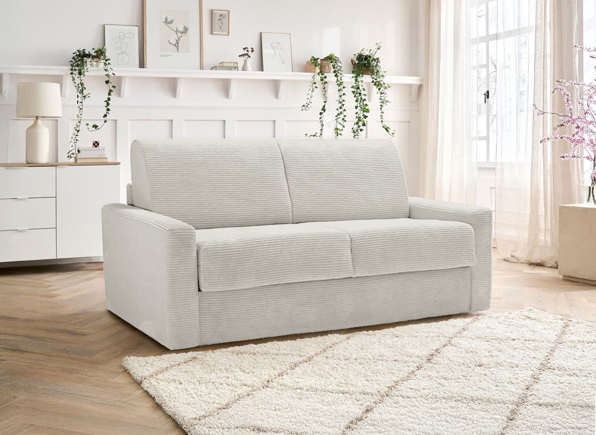 LOUNA 3-Sitzer-Schlafsofa aus beigem Cord mit Expressöffnung