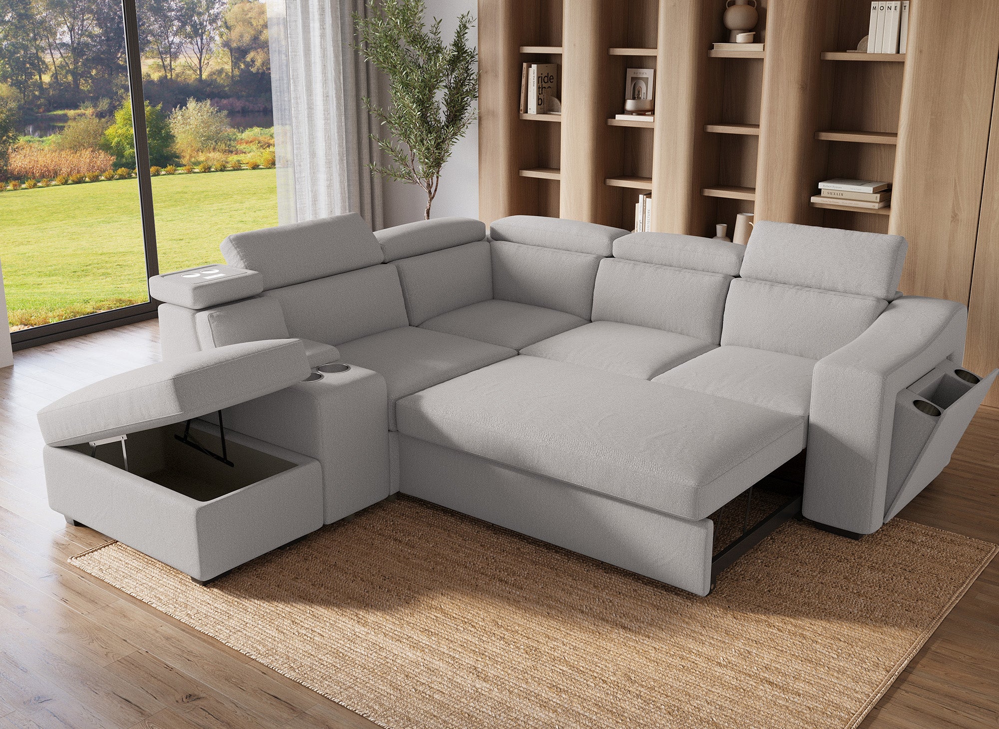 DEREK XL Ecksofa aus beigem Stoff, linke Ecke