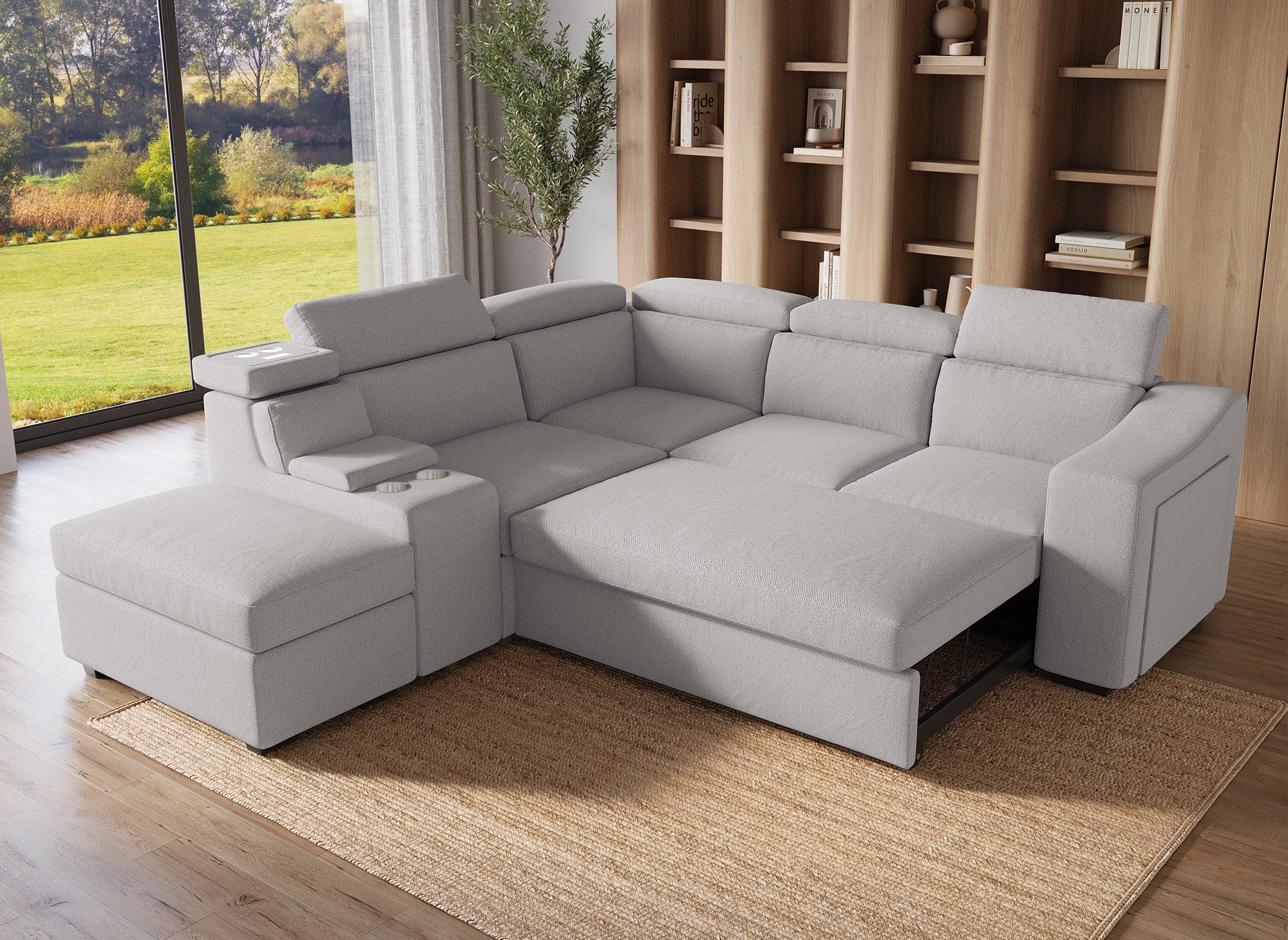 DEREK XL Ecksofa aus beigem Stoff, linke Ecke
