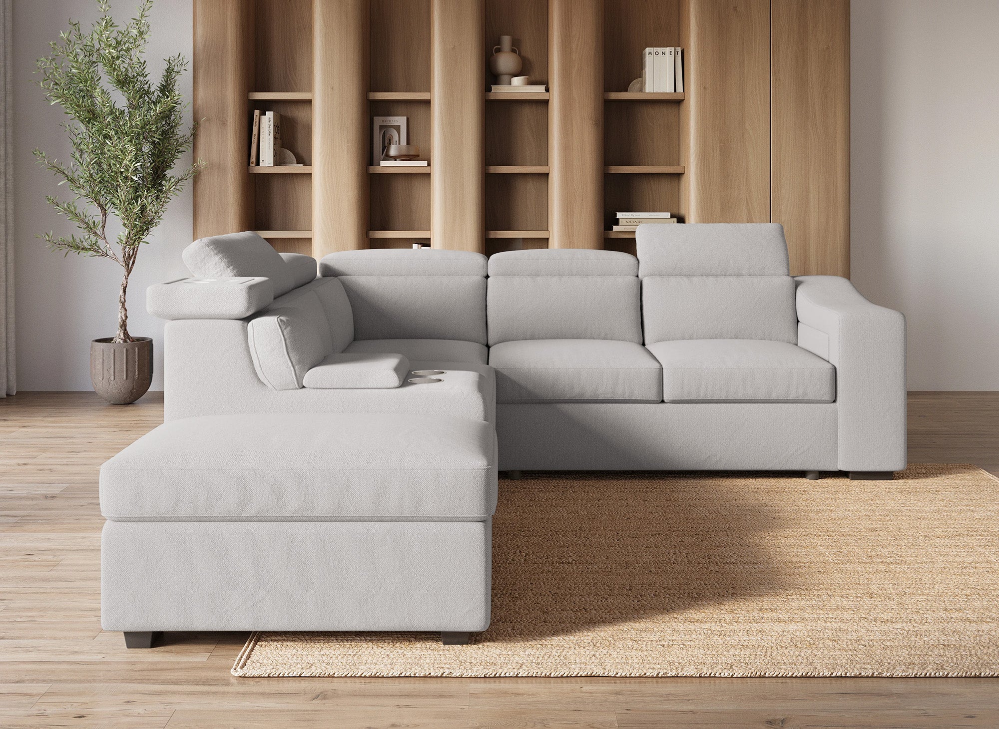 DEREK XL Ecksofa aus beigem Stoff, linke Ecke