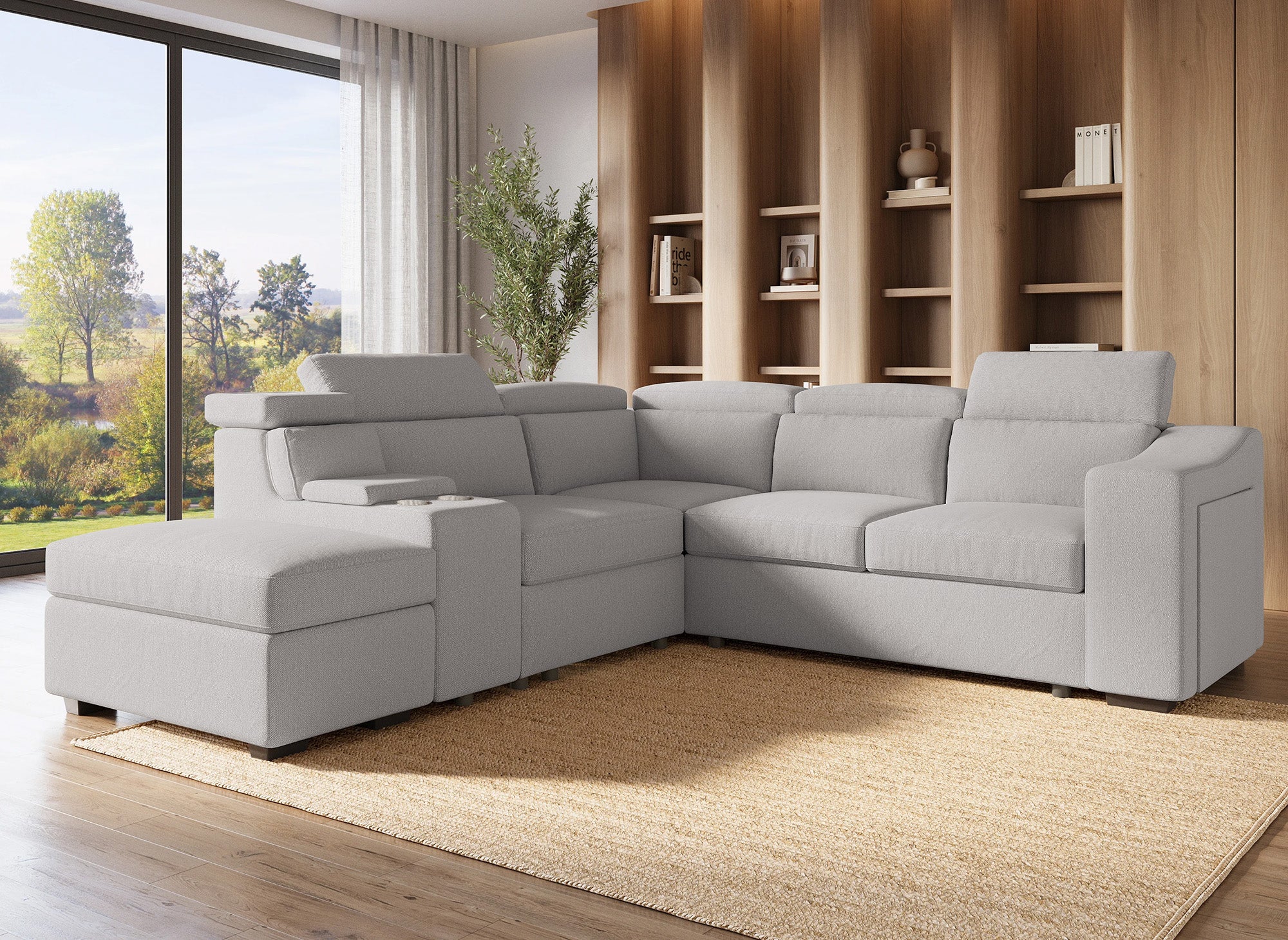 DEREK XL Ecksofa aus beigem Stoff, linke Ecke