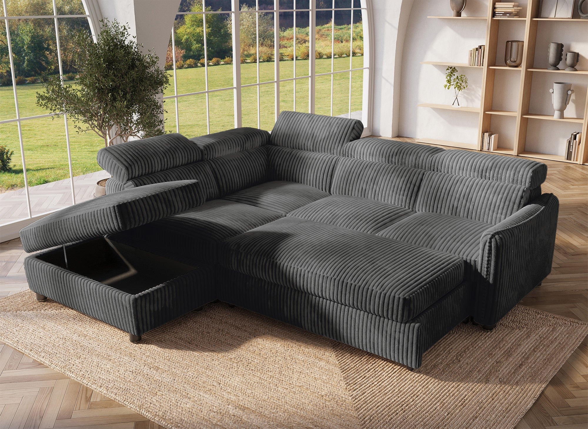 NAIROBI Ecksofa aus dickem Cord, grau, linke Ecke