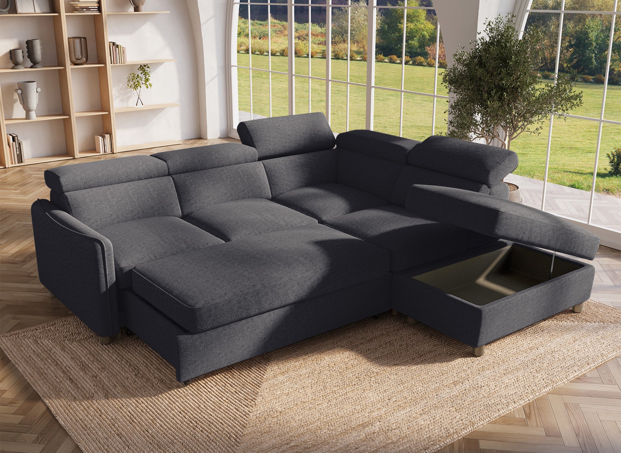 NAIROBI Ecksofa aus grauem Stoff – rechtwinklig