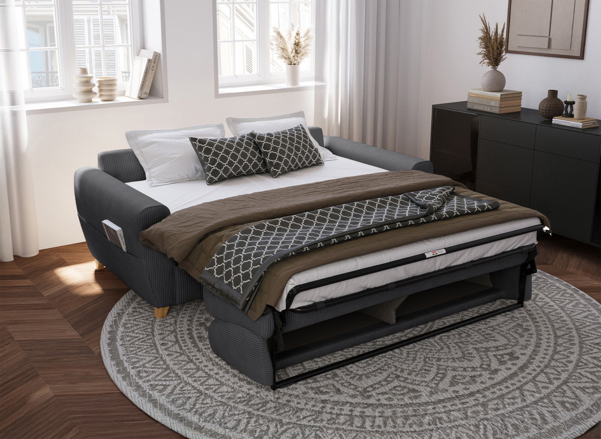 TOBIAS 3-Sitzer-Schlafsofa aus dunkelgrauem Cord mit 14 cm Matratze