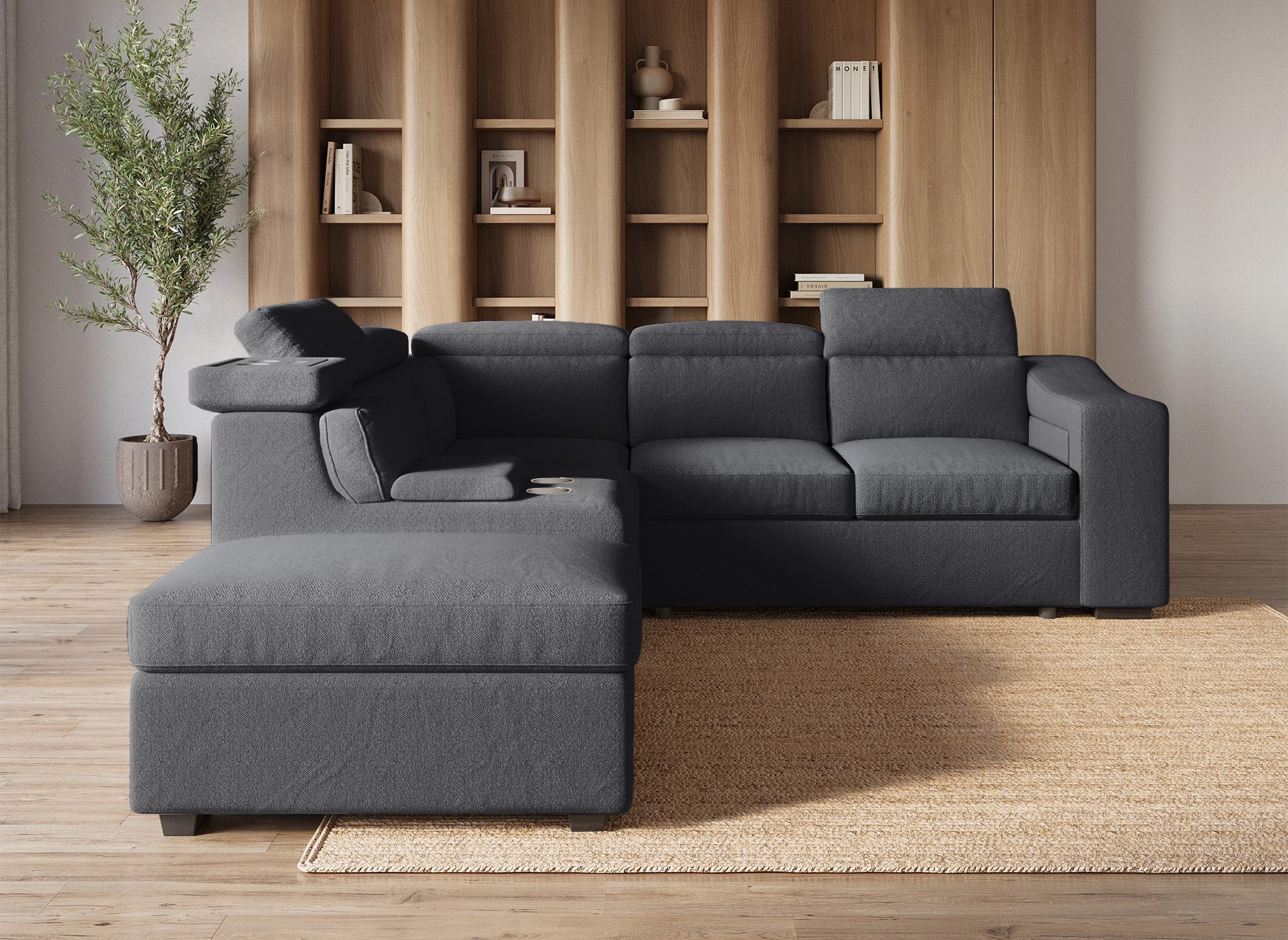 DEREK XL Ecksofa aus dunkelgrauem Stoff – Linke Ecke