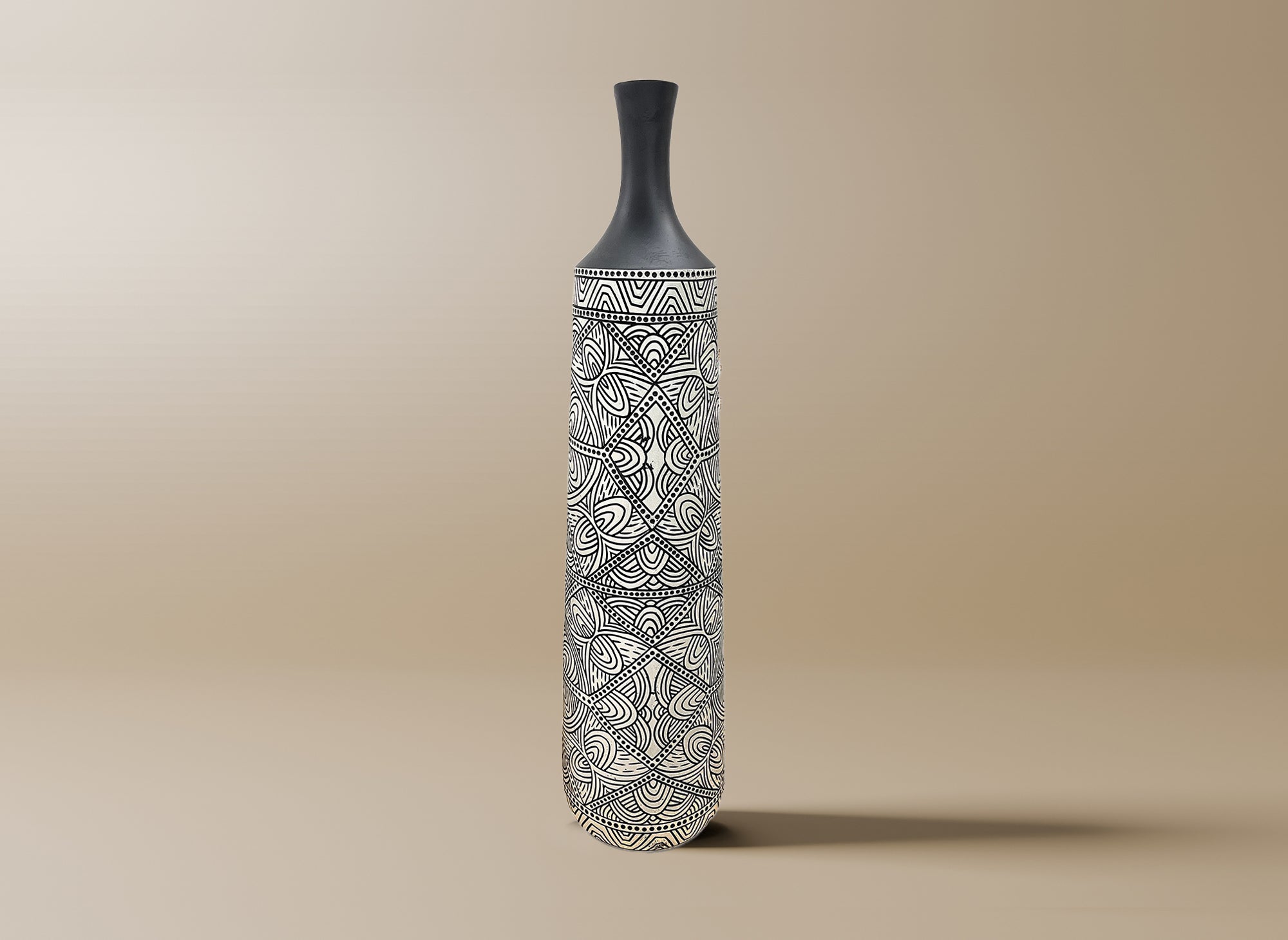 Ethno-Chic-Vase aus schwarz-weißem Polyresin H78 cm LAORA