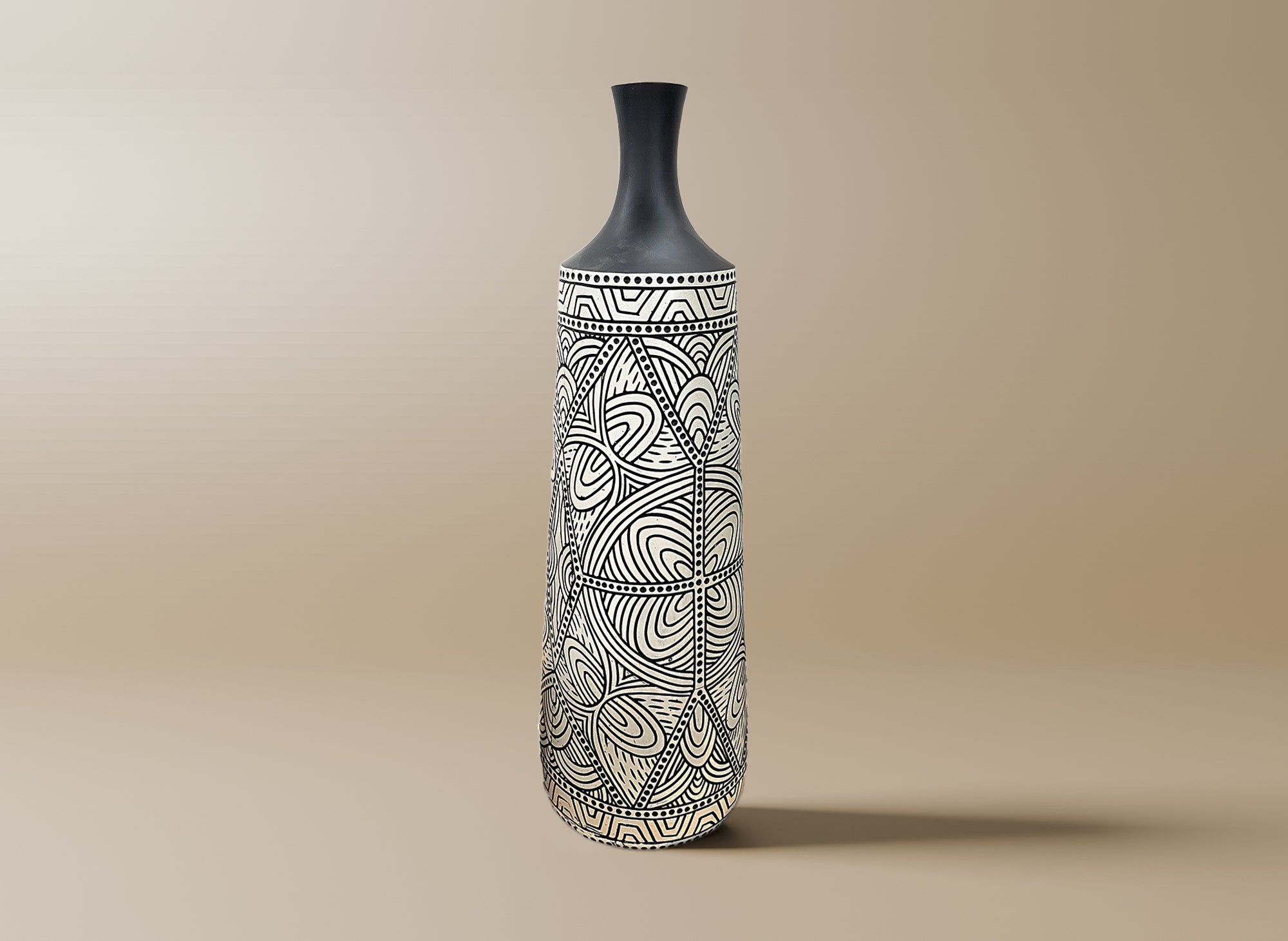 Ethno-Chic-Vase aus schwarz-weißem Polyresin H62 cm LAORA