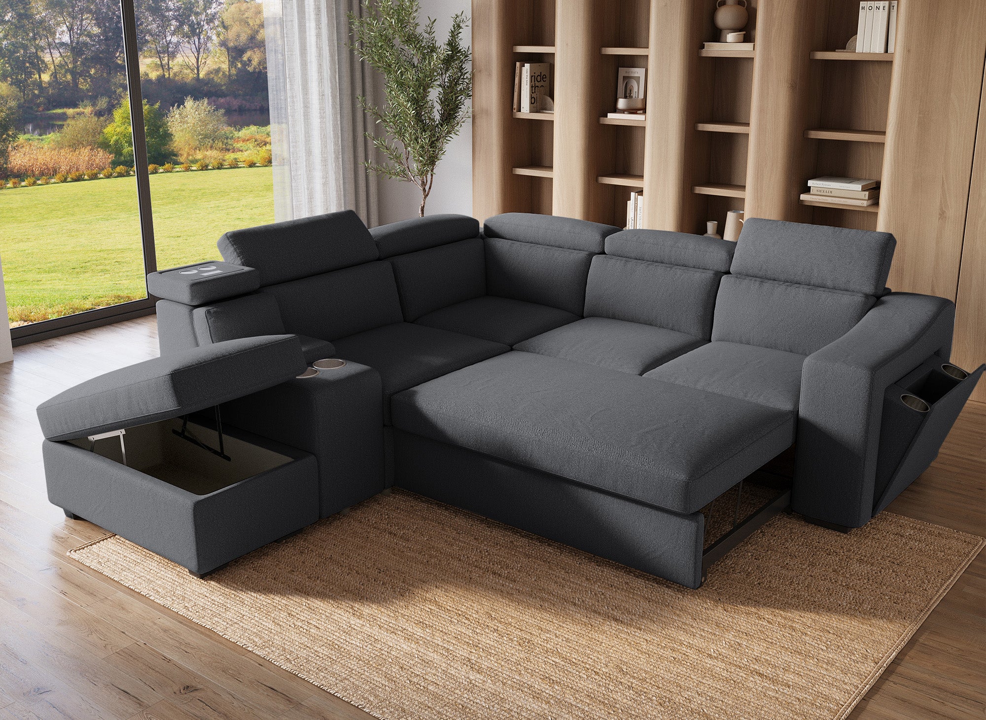 DEREK XL Ecksofa aus dunkelgrauem Stoff – Linke Ecke