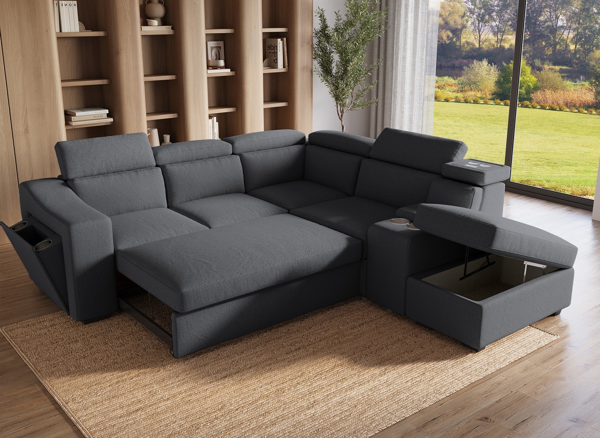 DEREK XL Ecksofa aus dunkelgrauem Stoff – rechtwinklig