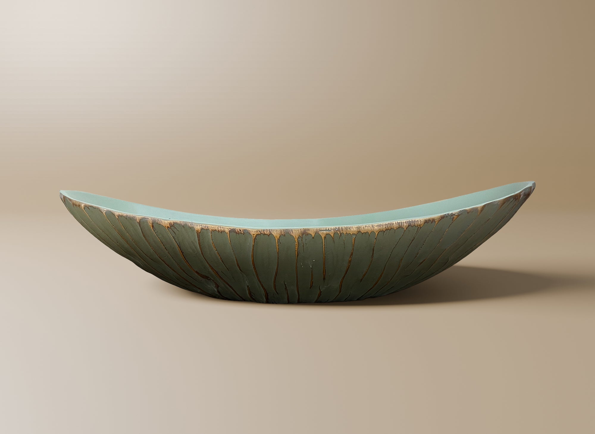 Ovale Schale aus grünem und goldenem Polyresin 35 cm GABY