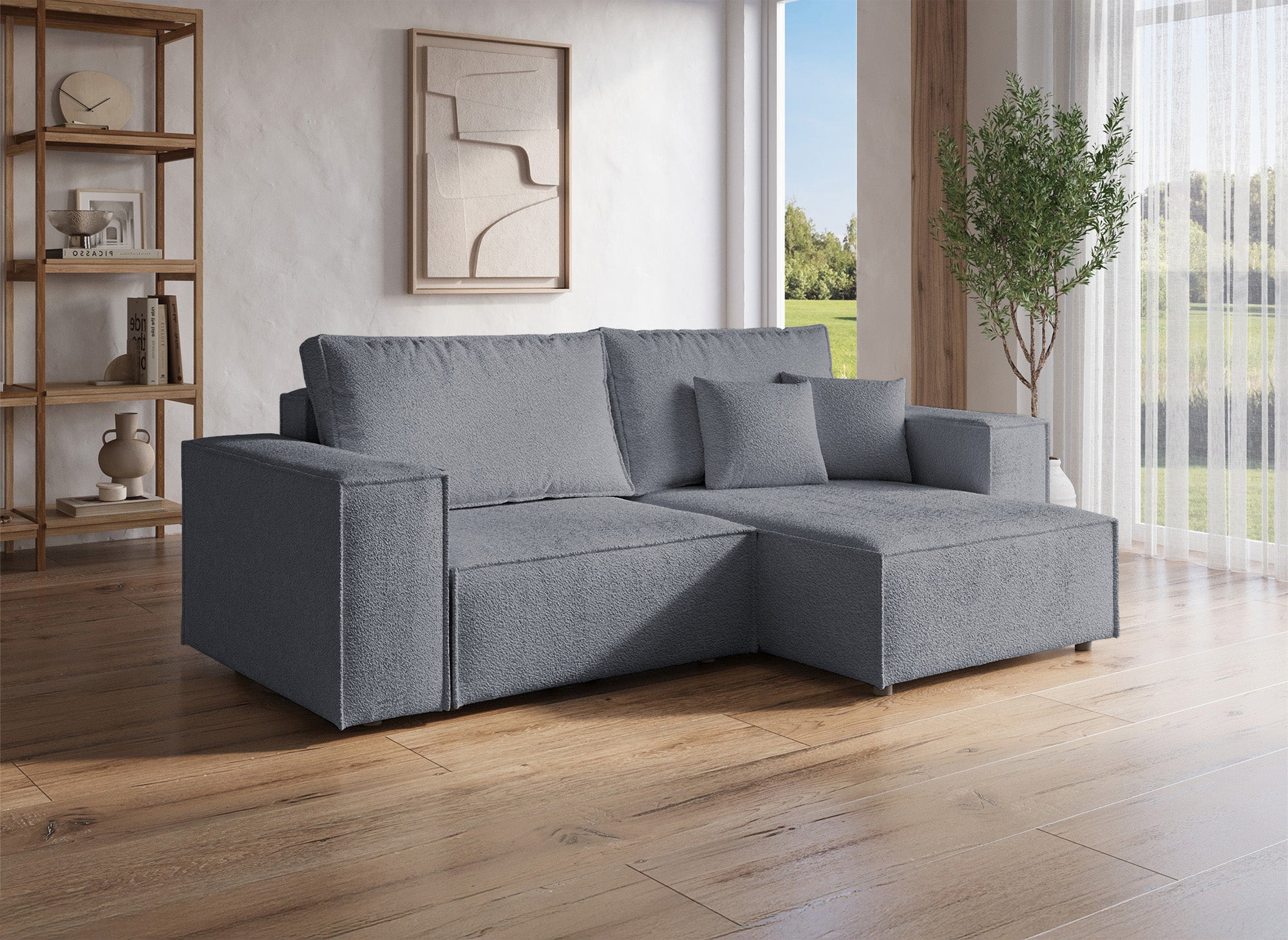 JADE MINI umwandelbares und wendbares Ecksofa mit Stauraum aus anthrazitgrauem Bouclé-Stoff