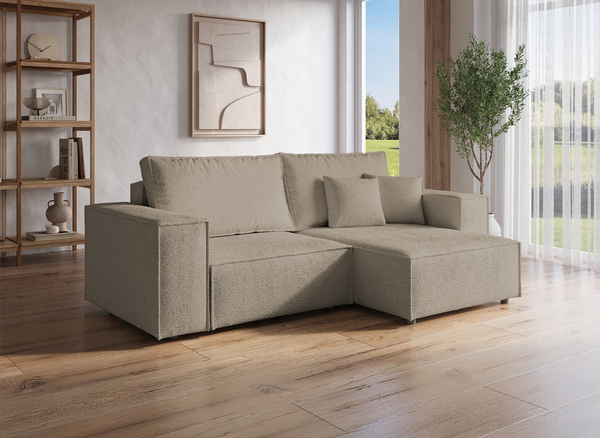 JADE MINI Taupe Frottee-Ecksofa mit Stauraum, umwandelbar und wendbar