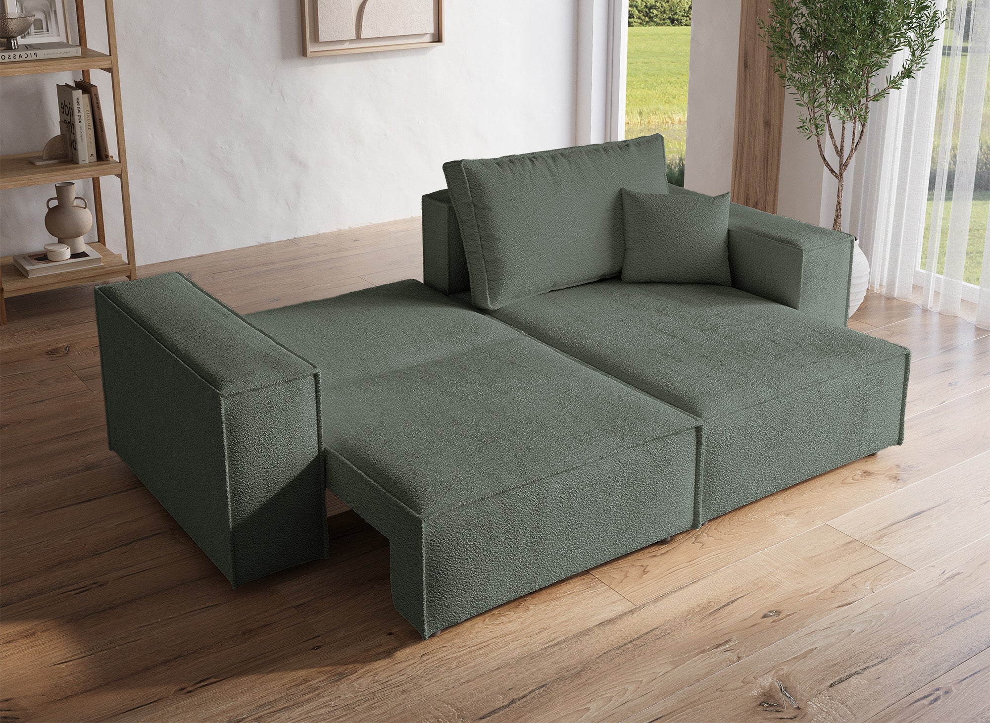 JADE MINI khakigrünes, umwandelbares und wendbares Ecksofa aus Frottee mit Stauraum