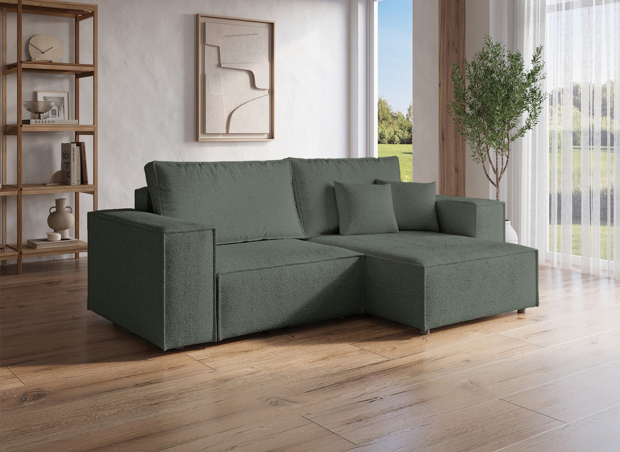 JADE MINI khakigrünes, umwandelbares und wendbares Ecksofa aus Frottee mit Stauraum