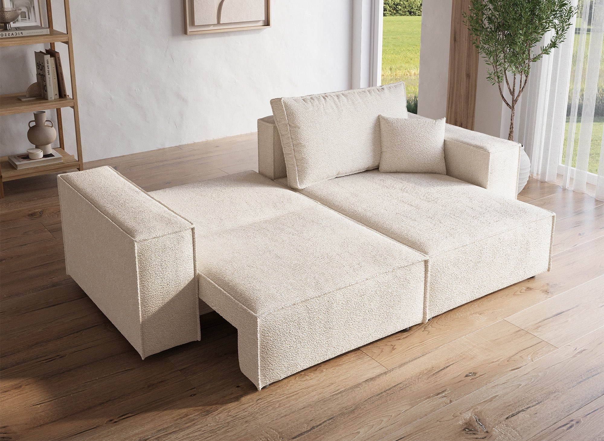 JADE MINI umwandelbares und wendbares Ecksofa mit Stauraum aus beigem Bouclé-Stoff
