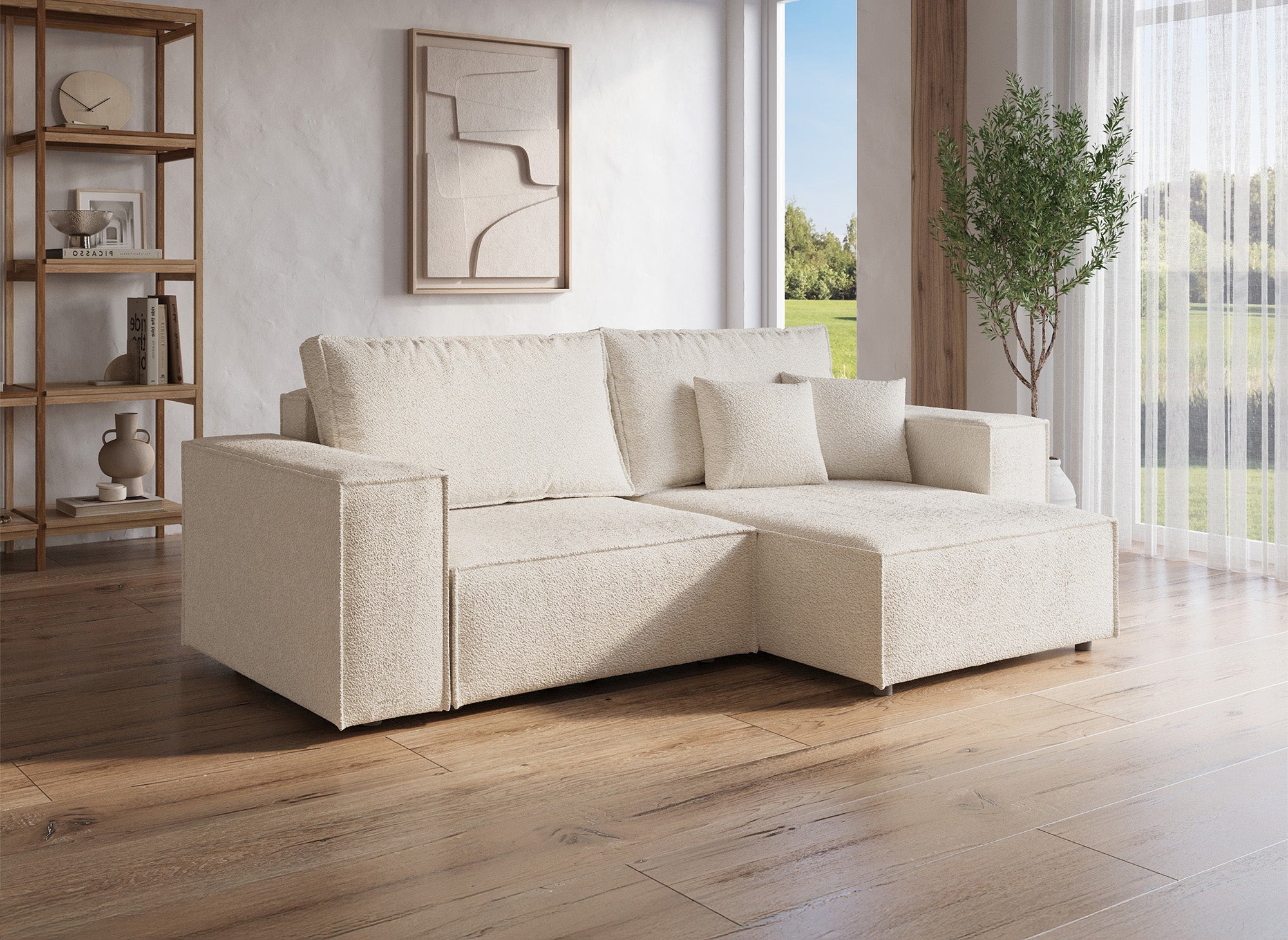 JADE MINI umwandelbares und wendbares Ecksofa mit Stauraum aus beigem Bouclé-Stoff