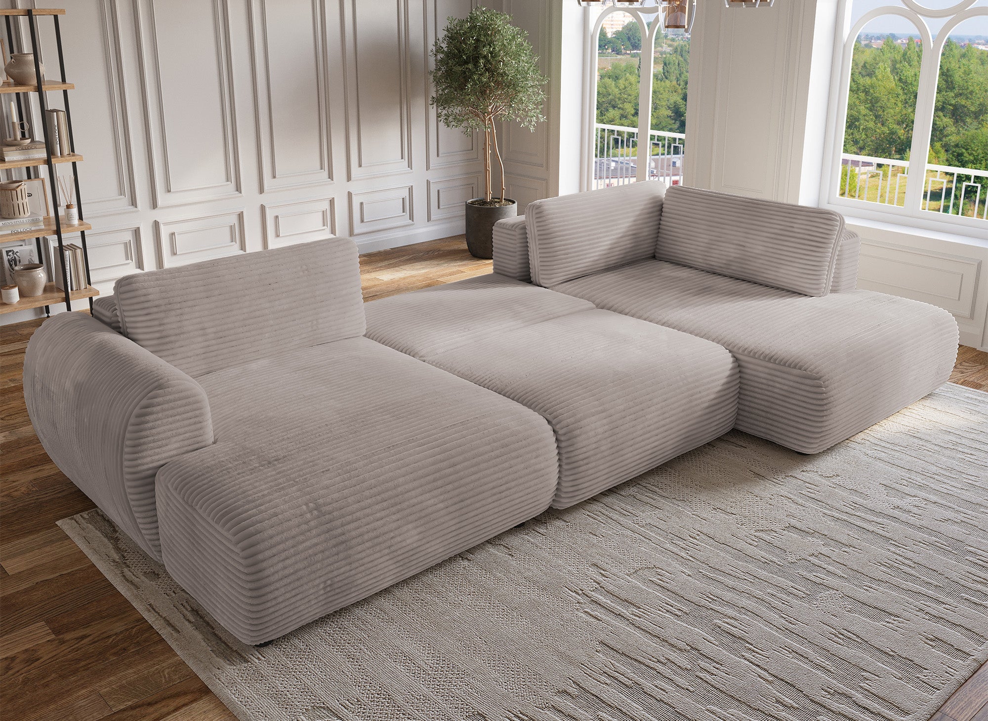 TILDA Taupe Cord Cabrio Panoramasofa mit Stauraum - Rechtwinklig