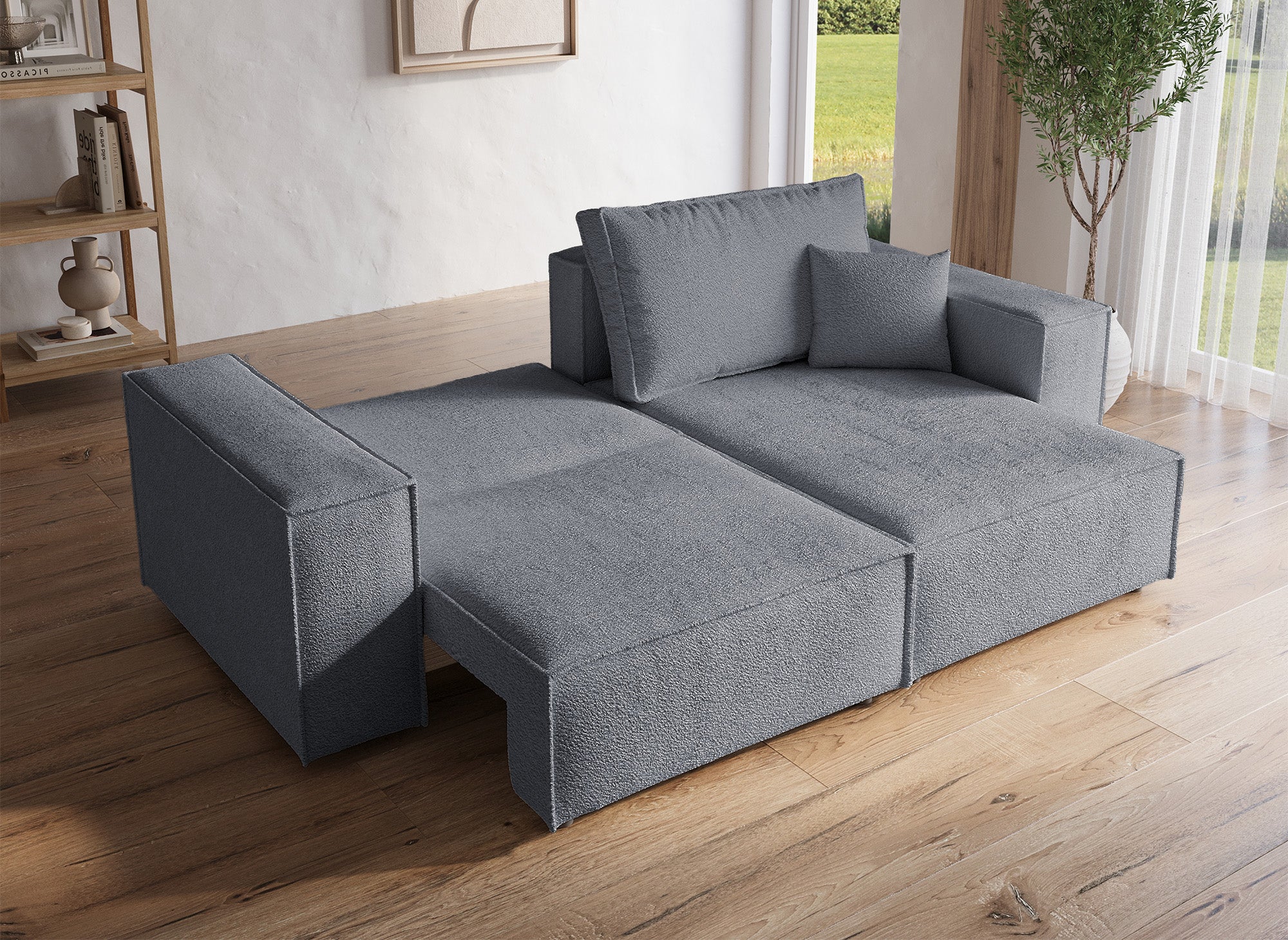 JADE MINI umwandelbares und wendbares Ecksofa mit Stauraum aus anthrazitgrauem Bouclé-Stoff