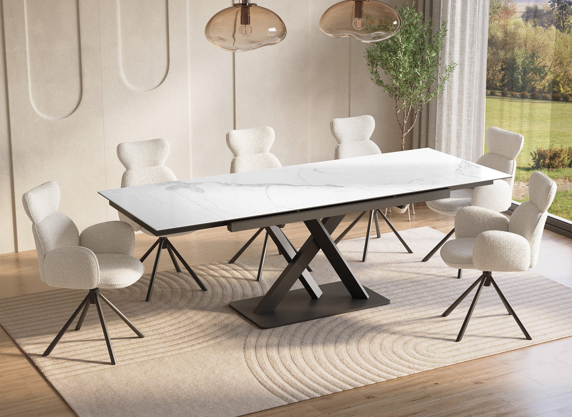 ELEGANCE ausziehbarer weißer Keramik-Esstisch für 6-10 Personen