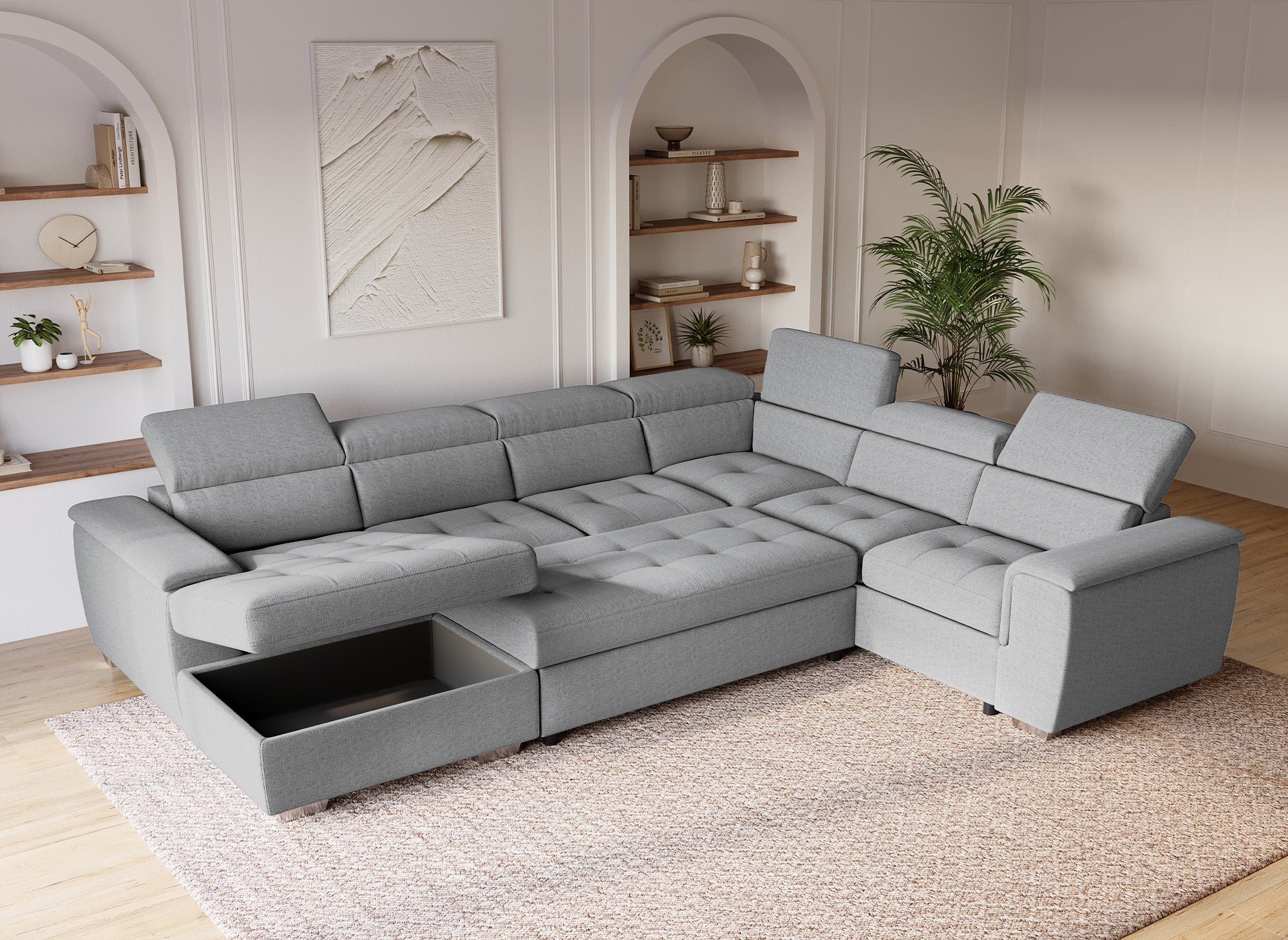 GAELLE Panorama-Sofa mit Aufbewahrungsbox aus grauem Stoff - Linke Ecke