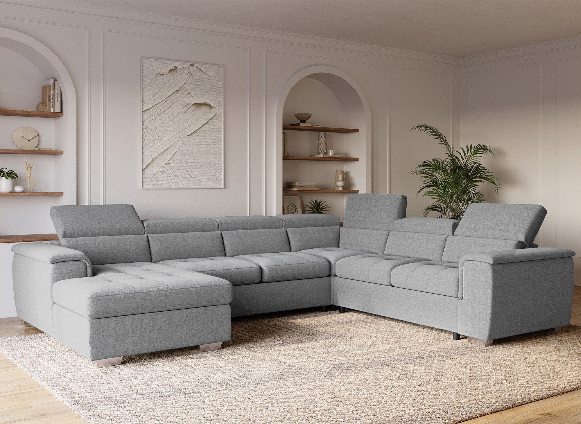 GAELLE Panorama-Sofa mit Aufbewahrungsbox aus grauem Stoff - Linke Ecke