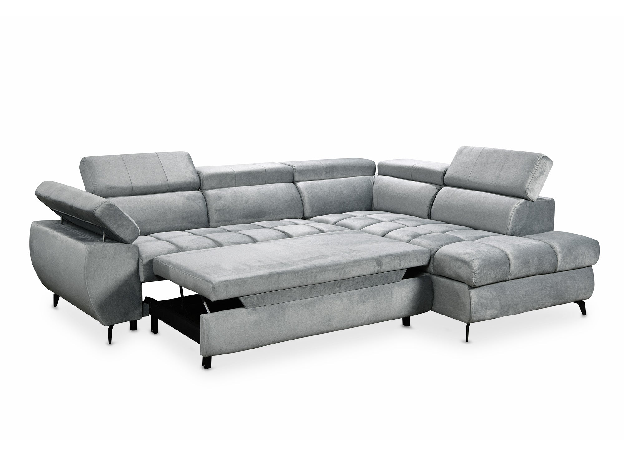 LUCIANO Ecksofa mit grauem Samtbezug und Stauraum - rechtwinklig